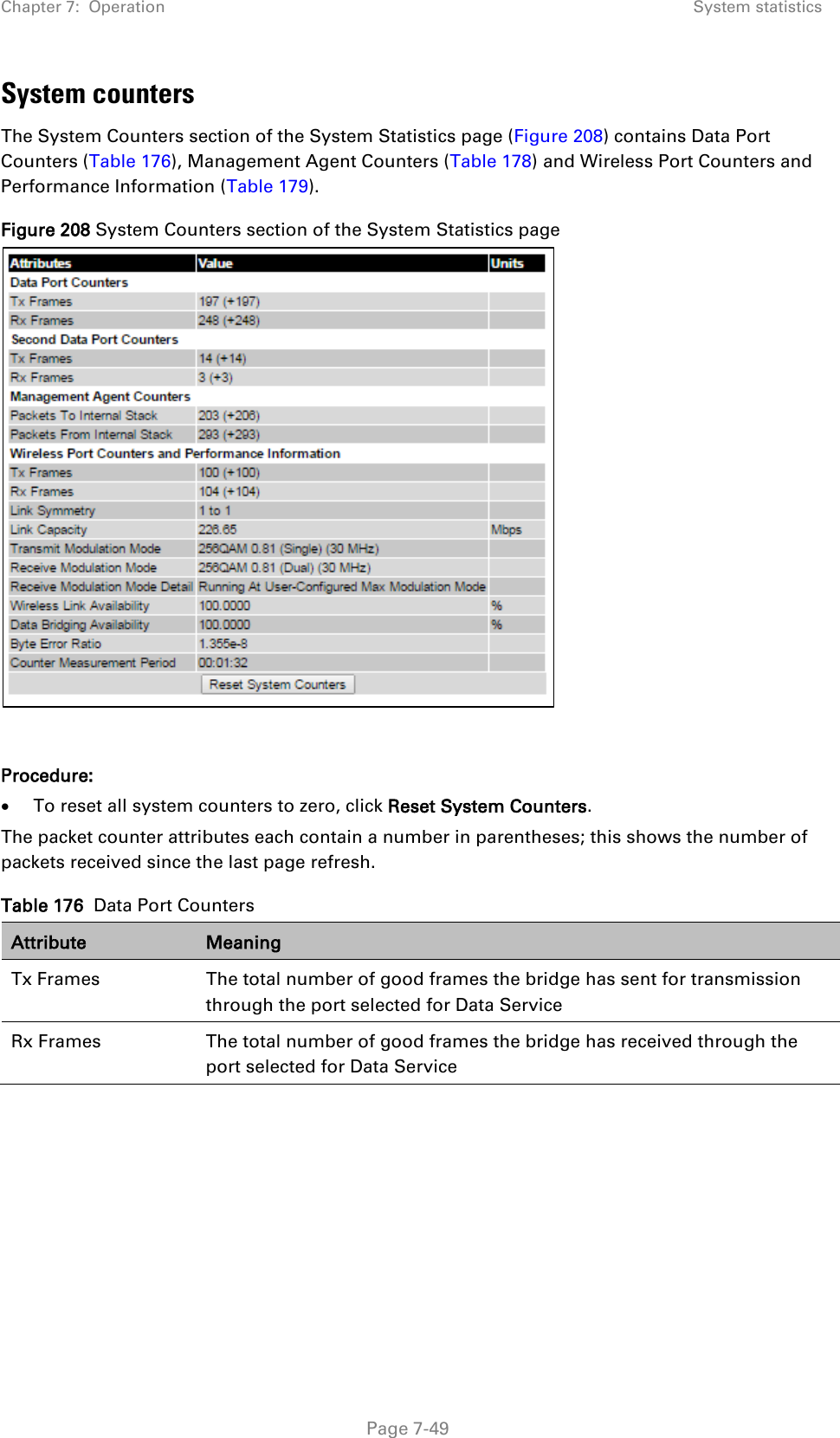 Chapter 7:  Operation System statistics  System counters The System Counters section of the System Statistics page (Figure 208) contains Data Port Counters (Table 176), Management Agent Counters (Table 178) and Wireless Port Counters and Performance Information (Table 179). Figure 208 System Counters section of the System Statistics page   Procedure: • To reset all system counters to zero, click Reset System Counters. The packet counter attributes each contain a number in parentheses; this shows the number of packets received since the last page refresh. Table 176  Data Port Counters Attribute Meaning Tx Frames  The total number of good frames the bridge has sent for transmission through the port selected for Data Service Rx Frames  The total number of good frames the bridge has received through the port selected for Data Service     Page 7-49 