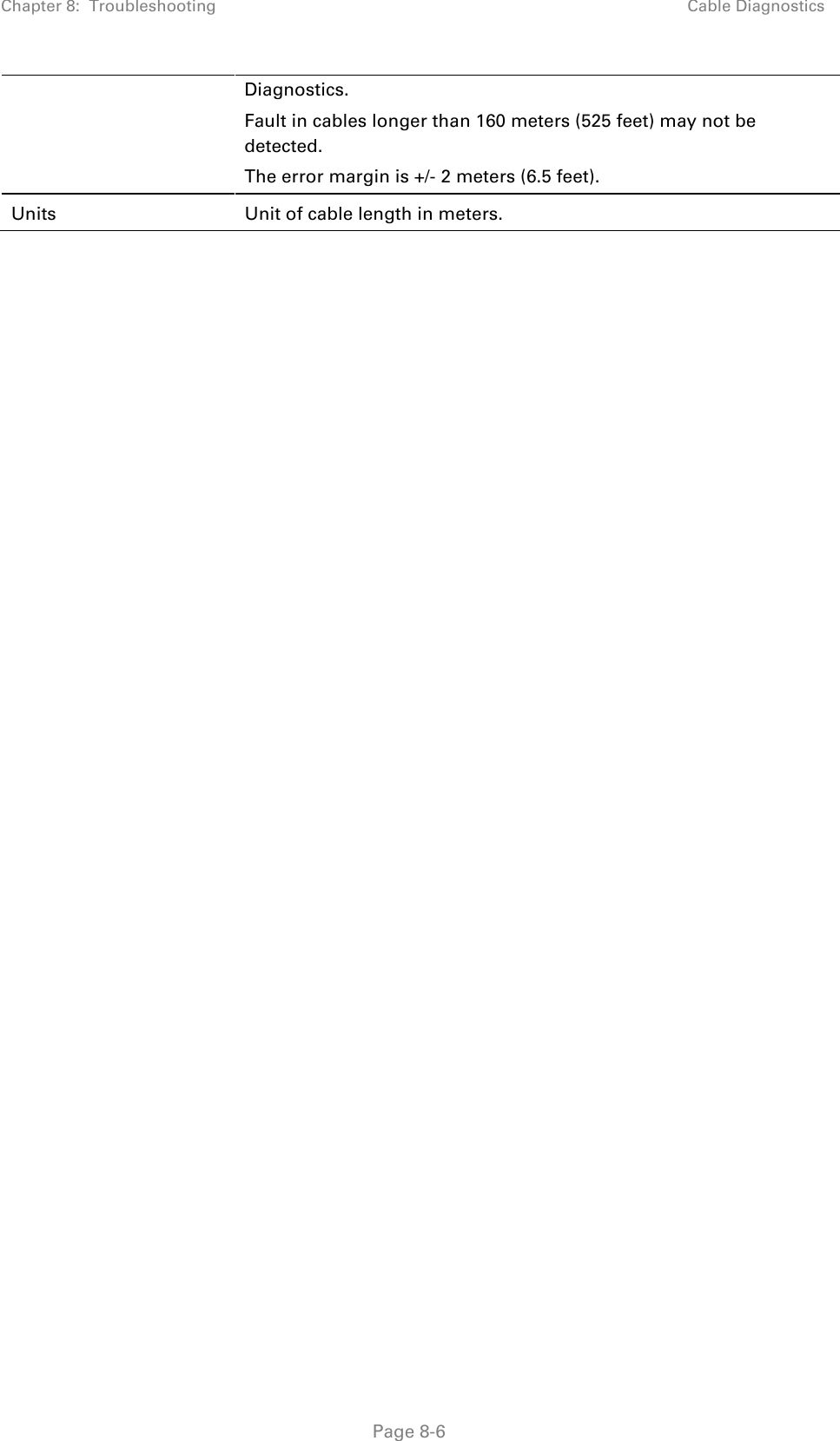 Chapter 8:  Troubleshooting Cable Diagnostics  Diagnostics.  Fault in cables longer than 160 meters (525 feet) may not be detected.  The error margin is +/- 2 meters (6.5 feet). Units Unit of cable length in meters.    Page 8-6 