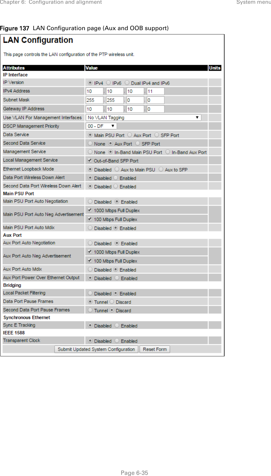 Chapter 6:  Configuration and alignment System menu  Figure 137  LAN Configuration page (Aux and OOB support)    Page 6-35 