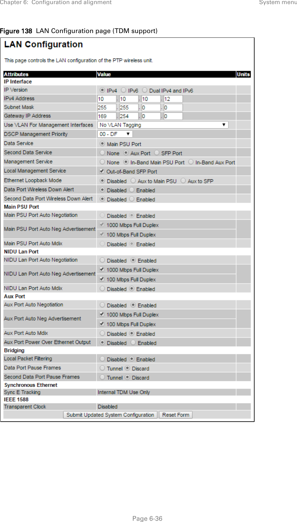 Chapter 6:  Configuration and alignment System menu  Figure 138  LAN Configuration page (TDM support)     Page 6-36 