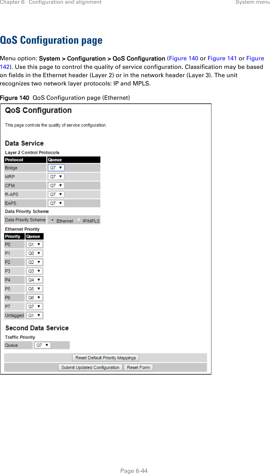 Chapter 6:  Configuration and alignment System menu  QoS Configuration page Menu option: System &gt; Configuration &gt; QoS Configuration (Figure 140 or Figure 141 or Figure 142). Use this page to control the quality of service configuration. Classification may be based on fields in the Ethernet header (Layer 2) or in the network header (Layer 3). The unit recognizes two network layer protocols: IP and MPLS.  Figure 140  QoS Configuration page (Ethernet)   Page 6-44 