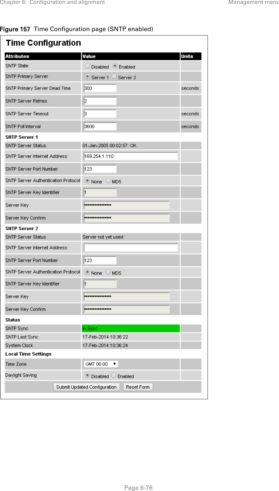 Chapter 6:  Configuration and alignment Management menu  Figure 157  Time Configuration page (SNTP enabled)       Page 6-76 