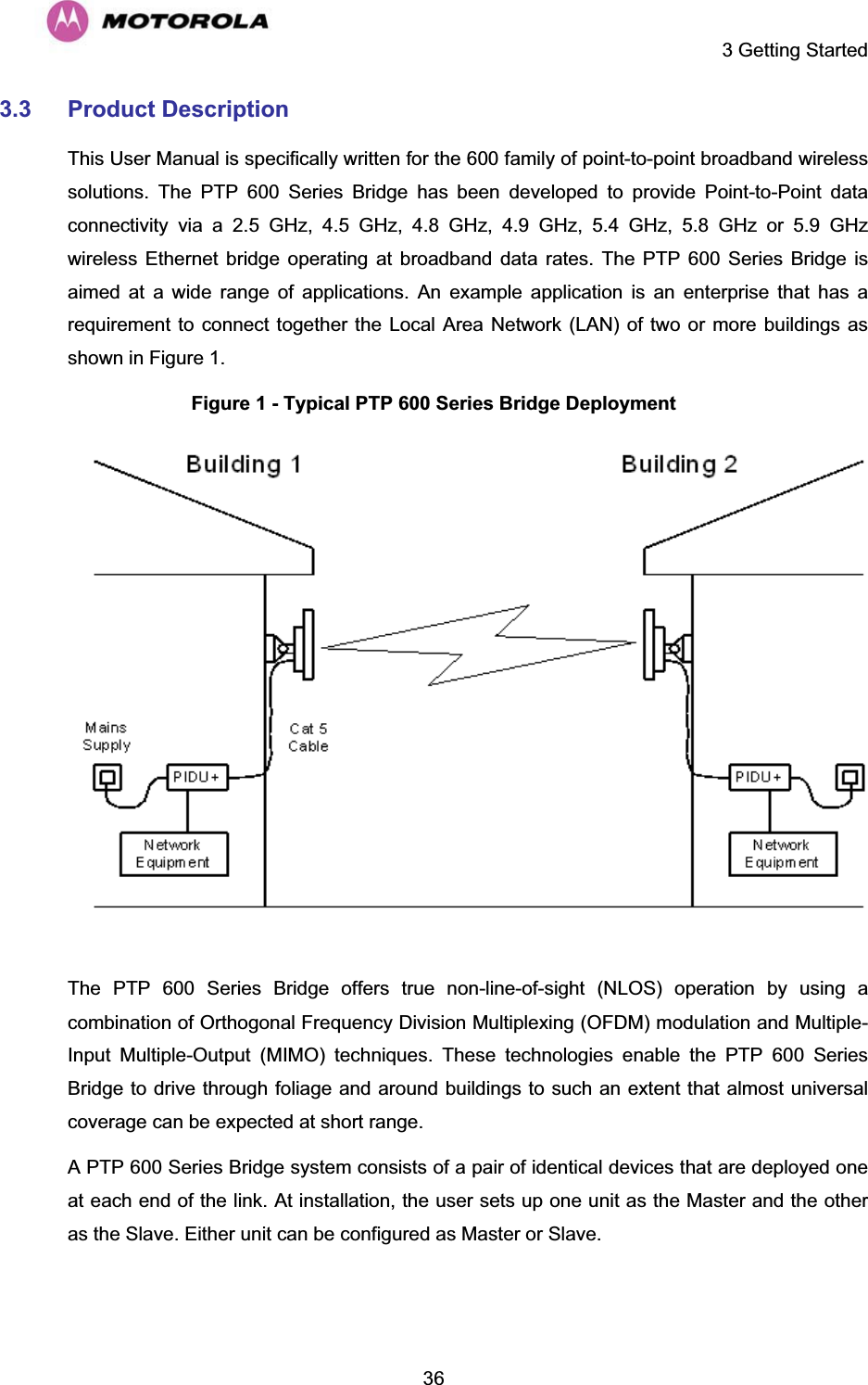     3 Getting Started  363.3 Product Description This User Manual is specifically written for the 600 family of point-to-point broadband wireless solutions. The PTP 600 Series Bridge has been developed to provide Point-to-Point data connectivity via a 2.5 GHz, 4.5 GHz, 4.8 GHz, 4.9 GHz, 5.4 GHz, 5.8 GHz or 5.9 GHz wireless Ethernet bridge operating at broadband data rates. The PTP 600 Series Bridge is aimed at a wide range of applications. An example application is an enterprise that has a requirement to connect together the Local Area Network (LAN) of two or more buildings as shown in Figure 1.  Figure 1 - Typical PTP 600 Series Bridge Deployment   The PTP 600 Series Bridge offers true non-line-of-sight (NLOS) operation by using a combination of Orthogonal Frequency Division Multiplexing (OFDM) modulation and Multiple-Input Multiple-Output (MIMO) techniques. These technologies enable the PTP 600 Series Bridge to drive through foliage and around buildings to such an extent that almost universal coverage can be expected at short range.  A PTP 600 Series Bridge system consists of a pair of identical devices that are deployed one at each end of the link. At installation, the user sets up one unit as the Master and the other as the Slave. Either unit can be configured as Master or Slave.  