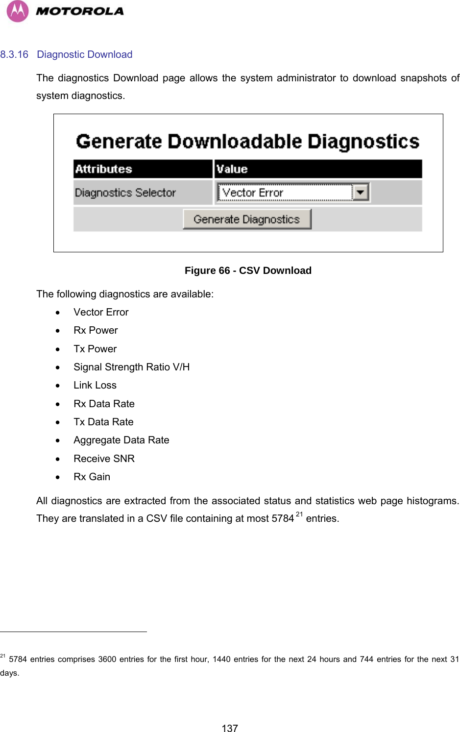   1378.3.16 Diagnostic Download The diagnostics Download page allows the system administrator to download snapshots of system diagnostics.  Figure 66 - CSV Download The following diagnostics are available: • Vector Error • Rx Power • Tx Power •  Signal Strength Ratio V/H • Link Loss •  Rx Data Rate •  Tx Data Rate •  Aggregate Data Rate • Receive SNR • Rx Gain All diagnostics are extracted from the associated status and statistics web page histograms. They are translated in a CSV file containing at most 5784F21 entries.                                                       21 5784 entries comprises 3600 entries for the first hour, 1440 entries for the next 24 hours and 744 entries for the next 31 days. 