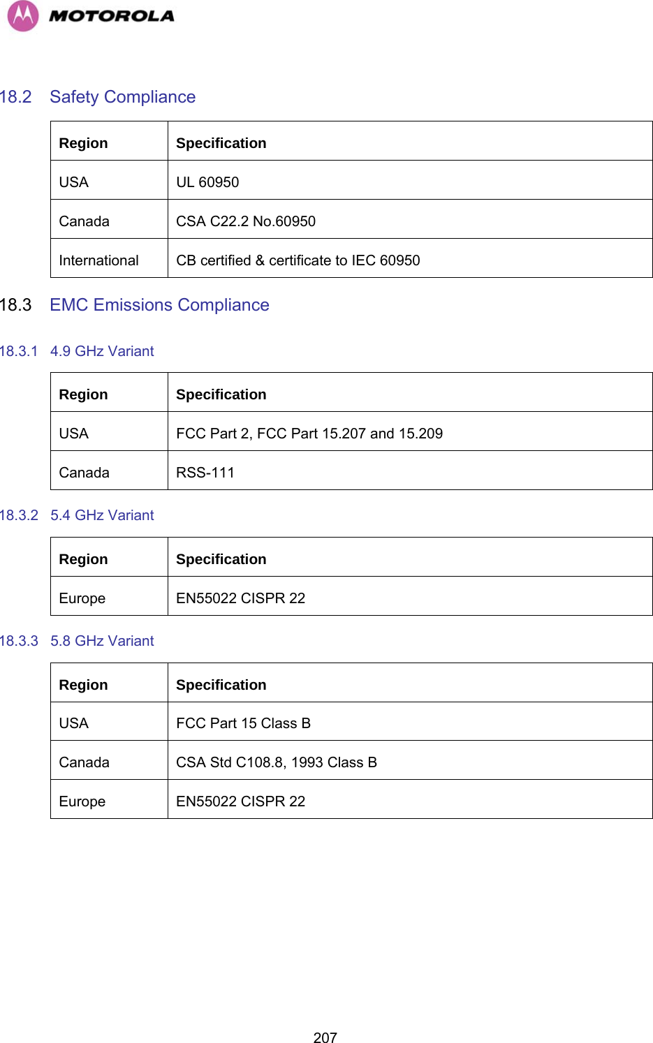  20718.2 Safety Compliance Region Specification USA UL 60950 Canada CSA C22.2 No.60950 International CB certified &amp; certificate to IEC 60950 18.3  EMC Emissions Compliance  18.3.1  4.9 GHz Variant Region Specification USA  FCC Part 2, FCC Part 15.207 and 15.209 Canada RSS-111 18.3.2  5.4 GHz Variant Region Specification Europe EN55022 CISPR 22 18.3.3  5.8 GHz Variant Region Specification USA  FCC Part 15 Class B Canada  CSA Std C108.8, 1993 Class B Europe EN55022 CISPR 22     
