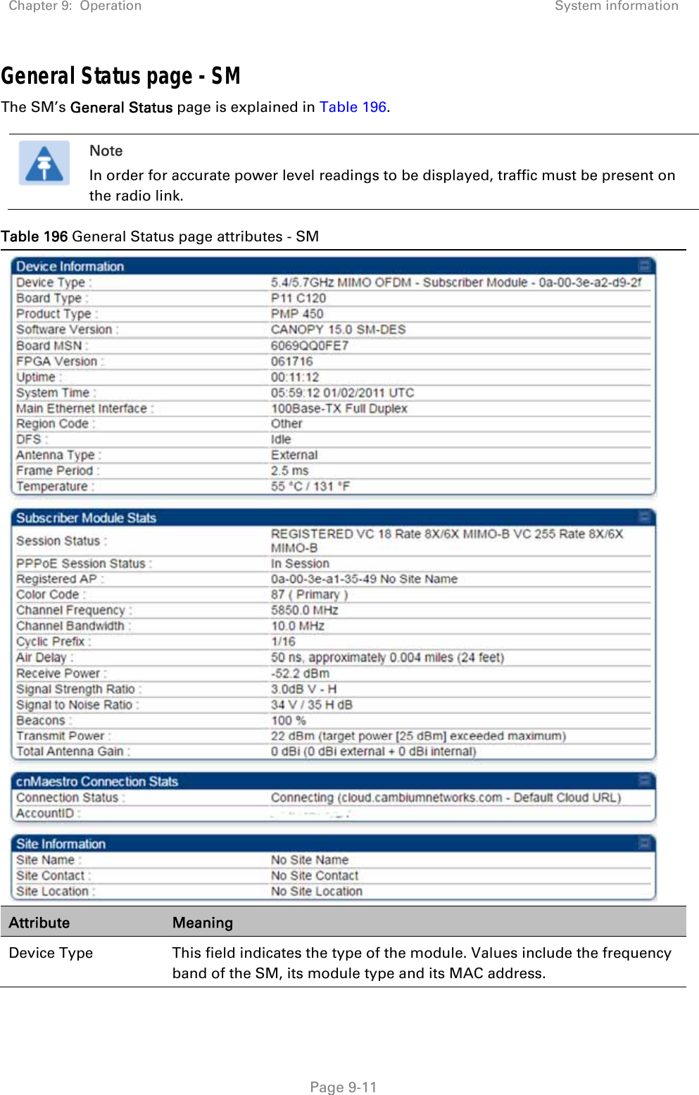 Chapter 9:  Operation  System information   Page 9-11 General Status page - SM The SM’s General Status page is explained in Table 196.   Note In order for accurate power level readings to be displayed, traffic must be present on the radio link. Table 196 General Status page attributes - SM  Attribute  Meaning Device Type   This field indicates the type of the module. Values include the frequency band of the SM, its module type and its MAC address. 