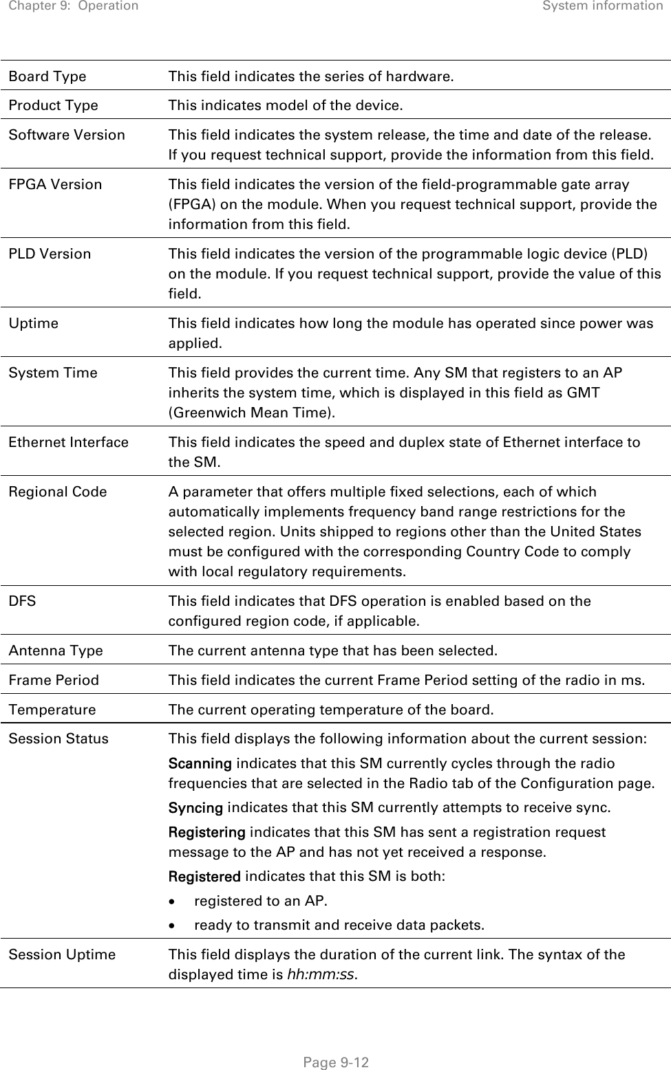 Chapter 9:  Operation  System information   Page 9-12 Board Type  This field indicates the series of hardware.  Product Type  This indicates model of the device.  Software Version  This field indicates the system release, the time and date of the release. If you request technical support, provide the information from this field. FPGA Version  This field indicates the version of the field-programmable gate array (FPGA) on the module. When you request technical support, provide the information from this field. PLD Version  This field indicates the version of the programmable logic device (PLD) on the module. If you request technical support, provide the value of this field. Uptime This field indicates how long the module has operated since power was applied. System Time  This field provides the current time. Any SM that registers to an AP inherits the system time, which is displayed in this field as GMT (Greenwich Mean Time). Ethernet Interface  This field indicates the speed and duplex state of Ethernet interface to the SM.  Regional Code  A parameter that offers multiple fixed selections, each of which automatically implements frequency band range restrictions for the selected region. Units shipped to regions other than the United States must be configured with the corresponding Country Code to comply with local regulatory requirements. DFS  This field indicates that DFS operation is enabled based on the configured region code, if applicable. Antenna Type  The current antenna type that has been selected.  Frame Period  This field indicates the current Frame Period setting of the radio in ms. Temperature  The current operating temperature of the board. Session Status  This field displays the following information about the current session: Scanning indicates that this SM currently cycles through the radio frequencies that are selected in the Radio tab of the Configuration page. Syncing indicates that this SM currently attempts to receive sync.  Registering indicates that this SM has sent a registration request message to the AP and has not yet received a response. Registered indicates that this SM is both:  registered to an AP.  ready to transmit and receive data packets. Session Uptime  This field displays the duration of the current link. The syntax of the displayed time is hh:mm:ss. 