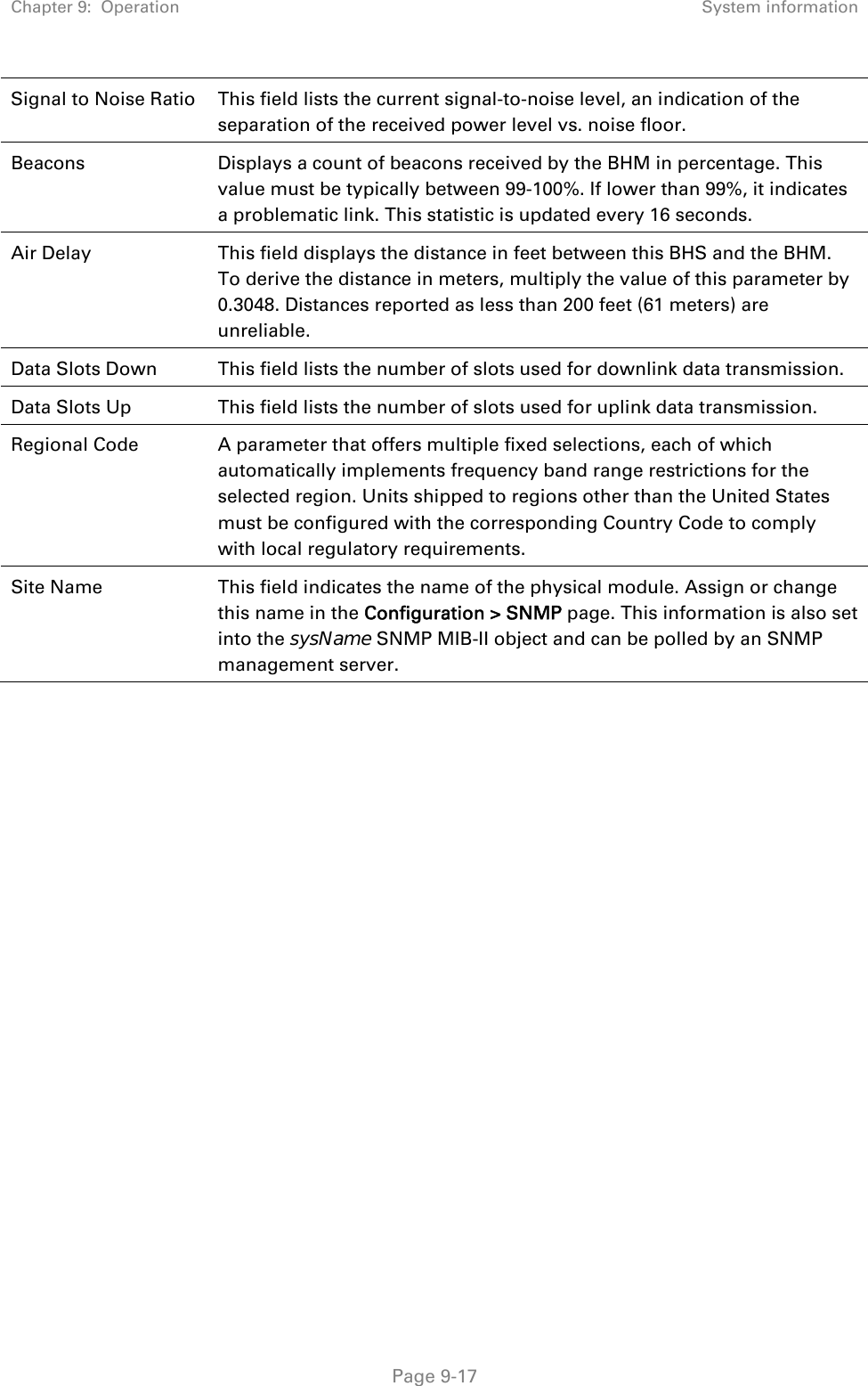 Chapter 9:  Operation  System information   Page 9-17 Signal to Noise Ratio  This field lists the current signal-to-noise level, an indication of the separation of the received power level vs. noise floor. Beacons  Displays a count of beacons received by the BHM in percentage. This value must be typically between 99-100%. If lower than 99%, it indicates a problematic link. This statistic is updated every 16 seconds. Air Delay  This field displays the distance in feet between this BHS and the BHM. To derive the distance in meters, multiply the value of this parameter by 0.3048. Distances reported as less than 200 feet (61 meters) are unreliable. Data Slots Down  This field lists the number of slots used for downlink data transmission. Data Slots Up  This field lists the number of slots used for uplink data transmission. Regional Code  A parameter that offers multiple fixed selections, each of which automatically implements frequency band range restrictions for the selected region. Units shipped to regions other than the United States must be configured with the corresponding Country Code to comply with local regulatory requirements. Site Name  This field indicates the name of the physical module. Assign or change this name in the Configuration &gt; SNMP page. This information is also set into the sysName SNMP MIB-II object and can be polled by an SNMP management server.   