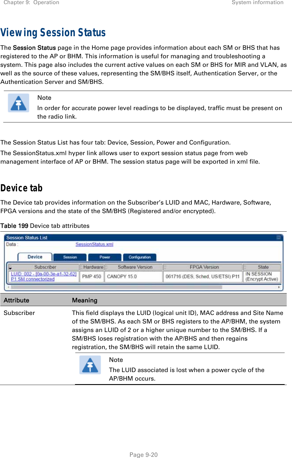 Chapter 9:  Operation  System information   Page 9-20 Viewing Session Status  The Session Status page in the Home page provides information about each SM or BHS that has registered to the AP or BHM. This information is useful for managing and troubleshooting a system. This page also includes the current active values on each SM or BHS for MIR and VLAN, as well as the source of these values, representing the SM/BHS itself, Authentication Server, or the Authentication Server and SM/BHS.  Note In order for accurate power level readings to be displayed, traffic must be present on the radio link.  The Session Status List has four tab: Device, Session, Power and Configuration. The SessionStatus.xml hyper link allows user to export session status page from web management interface of AP or BHM. The session status page will be exported in xml file.  Device tab The Device tab provides information on the Subscriber’s LUID and MAC, Hardware, Software, FPGA versions and the state of the SM/BHS (Registered and/or encrypted). Table 199 Device tab attributes  Attribute  Meaning Subscriber  This field displays the LUID (logical unit ID), MAC address and Site Name of the SM/BHS. As each SM or BHS registers to the AP/BHM, the system assigns an LUID of 2 or a higher unique number to the SM/BHS. If a SM/BHS loses registration with the AP/BHS and then regains registration, the SM/BHS will retain the same LUID.   Note The LUID associated is lost when a power cycle of the AP/BHM occurs. 