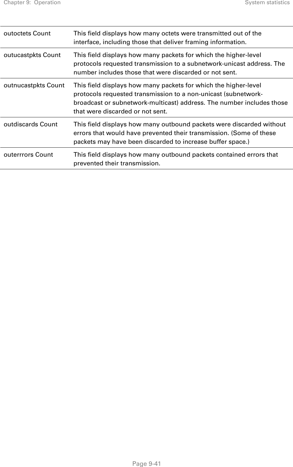 Chapter 9:  Operation  System statistics   Page 9-41 outoctets Count  This field displays how many octets were transmitted out of the interface, including those that deliver framing information. outucastpkts Count  This field displays how many packets for which the higher-level protocols requested transmission to a subnetwork-unicast address. The number includes those that were discarded or not sent. outnucastpkts Count  This field displays how many packets for which the higher-level protocols requested transmission to a non-unicast (subnetwork-broadcast or subnetwork-multicast) address. The number includes those that were discarded or not sent. outdiscards Count  This field displays how many outbound packets were discarded without errors that would have prevented their transmission. (Some of these packets may have been discarded to increase buffer space.) outerrrors Count  This field displays how many outbound packets contained errors that prevented their transmission.    