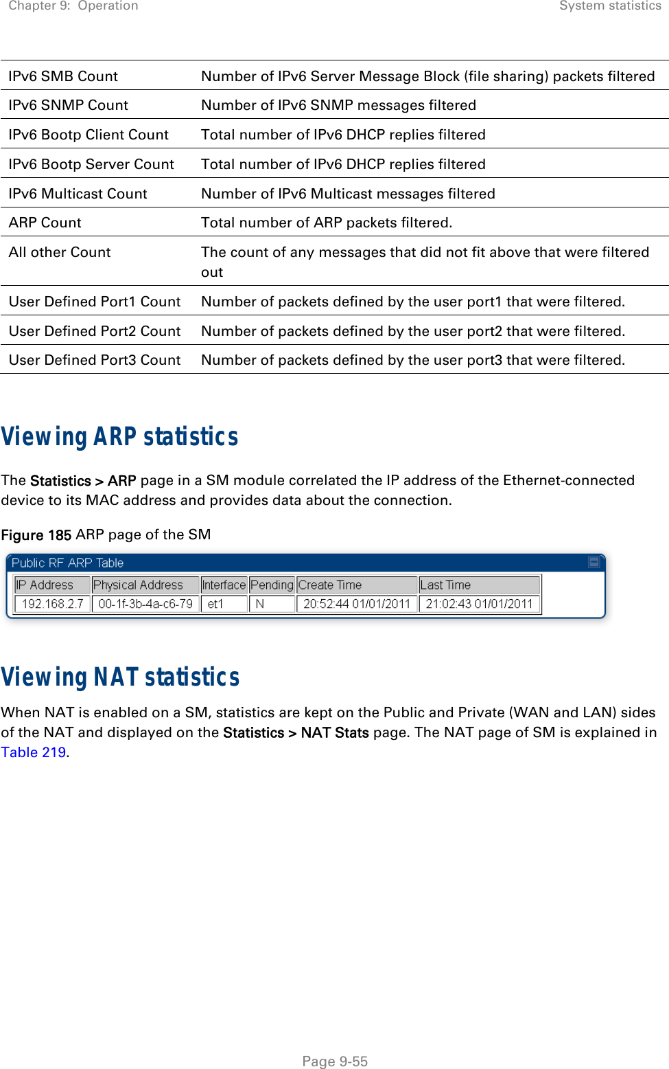 Chapter 9:  Operation  System statistics   Page 9-55 IPv6 SMB Count  Number of IPv6 Server Message Block (file sharing) packets filtered IPv6 SNMP Count  Number of IPv6 SNMP messages filtered IPv6 Bootp Client Count  Total number of IPv6 DHCP replies filtered IPv6 Bootp Server Count  Total number of IPv6 DHCP replies filtered IPv6 Multicast Count  Number of IPv6 Multicast messages filtered ARP Count  Total number of ARP packets filtered.  All other Count  The count of any messages that did not fit above that were filtered out User Defined Port1 Count  Number of packets defined by the user port1 that were filtered. User Defined Port2 Count  Number of packets defined by the user port2 that were filtered. User Defined Port3 Count  Number of packets defined by the user port3 that were filtered.  Viewing ARP statistics The Statistics &gt; ARP page in a SM module correlated the IP address of the Ethernet-connected device to its MAC address and provides data about the connection.  Figure 185 ARP page of the SM   Viewing NAT statistics When NAT is enabled on a SM, statistics are kept on the Public and Private (WAN and LAN) sides of the NAT and displayed on the Statistics &gt; NAT Stats page. The NAT page of SM is explained in Table 219.   