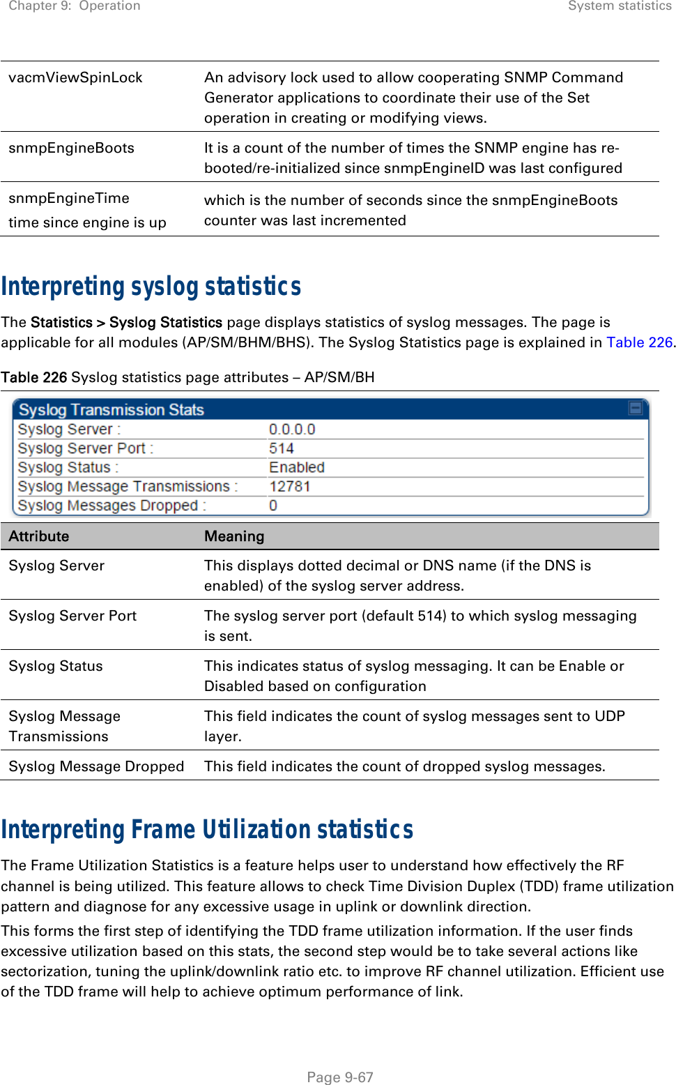 Chapter 9:  Operation  System statistics   Page 9-67 vacmViewSpinLock  An advisory lock used to allow cooperating SNMP Command Generator applications to coordinate their use of the Set operation in creating or modifying views. snmpEngineBoots  It is a count of the number of times the SNMP engine has re-booted/re-initialized since snmpEngineID was last configured snmpEngineTime time since engine is up which is the number of seconds since the snmpEngineBoots counter was last incremented  Interpreting syslog statistics The Statistics &gt; Syslog Statistics page displays statistics of syslog messages. The page is applicable for all modules (AP/SM/BHM/BHS). The Syslog Statistics page is explained in Table 226. Table 226 Syslog statistics page attributes – AP/SM/BH  Attribute   Meaning Syslog Server  This displays dotted decimal or DNS name (if the DNS is enabled) of the syslog server address.  Syslog Server Port  The syslog server port (default 514) to which syslog messaging is sent.  Syslog Status  This indicates status of syslog messaging. It can be Enable or Disabled based on configuration Syslog Message Transmissions This field indicates the count of syslog messages sent to UDP layer. Syslog Message Dropped  This field indicates the count of dropped syslog messages.  Interpreting Frame Utilization statistics The Frame Utilization Statistics is a feature helps user to understand how effectively the RF channel is being utilized. This feature allows to check Time Division Duplex (TDD) frame utilization pattern and diagnose for any excessive usage in uplink or downlink direction.  This forms the first step of identifying the TDD frame utilization information. If the user finds excessive utilization based on this stats, the second step would be to take several actions like sectorization, tuning the uplink/downlink ratio etc. to improve RF channel utilization. Efficient use of the TDD frame will help to achieve optimum performance of link. 