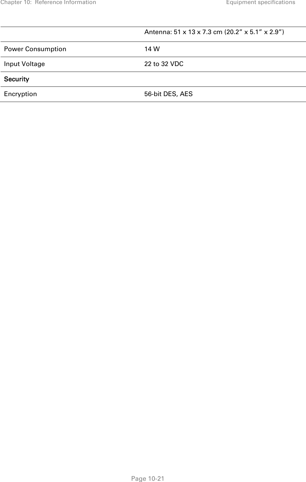 Chapter 10:  Reference Information Equipment specifications   Page 10-21 Antenna: 51 x 13 x 7.3 cm (20.2” x 5.1” x 2.9”) Power Consumption    14 W  Input Voltage    22 to 32 VDC Security    Encryption    56-bit DES, AES    