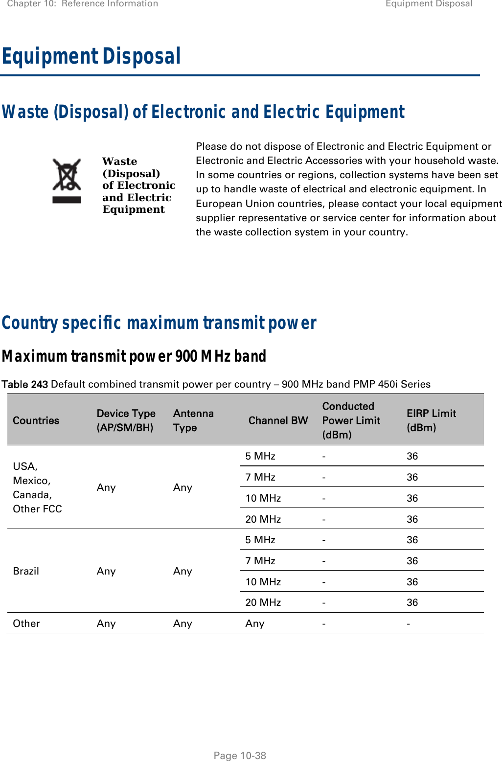 Chapter 10:  Reference Information Equipment Disposal   Page 10-38 Equipment Disposal Waste (Disposal) of Electronic and Electric Equipment   Waste (Disposal) of Electronic and Electric Equipment Please do not dispose of Electronic and Electric Equipment or Electronic and Electric Accessories with your household waste. In some countries or regions, collection systems have been set up to handle waste of electrical and electronic equipment. In European Union countries, please contact your local equipment supplier representative or service center for information about the waste collection system in your country.    Country specific maximum transmit power Maximum transmit power 900 MHz band Table 243 Default combined transmit power per country – 900 MHz band PMP 450i Series Countries  Device Type (AP/SM/BH) Antenna Type  Channel BW Conducted Power Limit (dBm) EIRP Limit (dBm) USA, Mexico, Canada, Other FCC Any Any 5 MHz  -  36 7 MHz  -  36 10 MHz  -  36 20 MHz  -  36 Brazil Any Any 5 MHz  -  36 7 MHz  -  36 10 MHz  -  36 20 MHz  -  36 Other Any Any Any -  -  