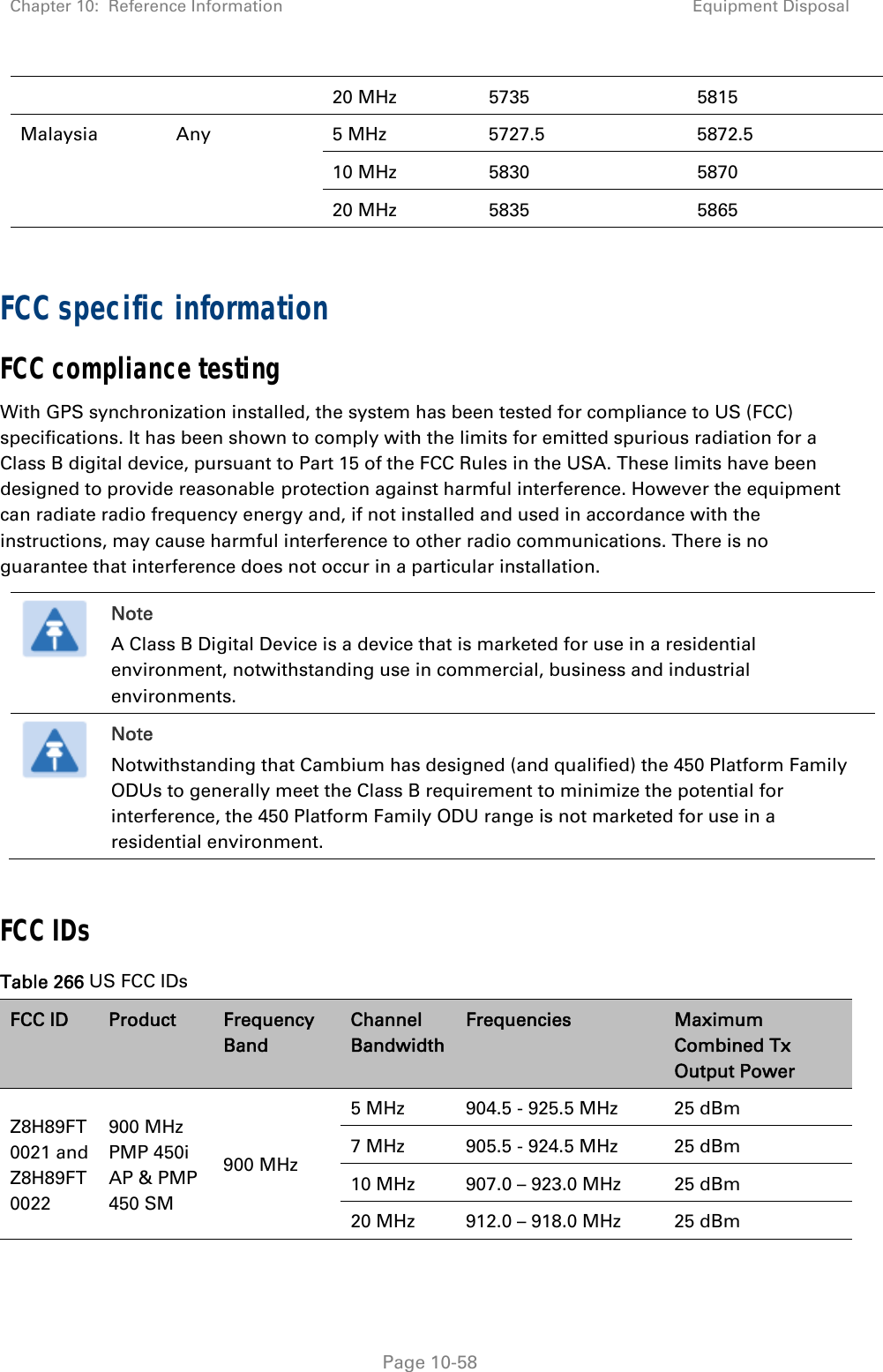 Chapter 10:  Reference Information Equipment Disposal   Page 10-58 20 MHz  5735  5815 Malaysia Any  5 MHz  5727.5  5872.5 10 MHz  5830  5870 20 MHz  5835  5865  FCC specific information FCC compliance testing With GPS synchronization installed, the system has been tested for compliance to US (FCC) specifications. It has been shown to comply with the limits for emitted spurious radiation for a Class B digital device, pursuant to Part 15 of the FCC Rules in the USA. These limits have been designed to provide reasonable protection against harmful interference. However the equipment can radiate radio frequency energy and, if not installed and used in accordance with the instructions, may cause harmful interference to other radio communications. There is no guarantee that interference does not occur in a particular installation.  Note A Class B Digital Device is a device that is marketed for use in a residential environment, notwithstanding use in commercial, business and industrial environments.  Note Notwithstanding that Cambium has designed (and qualified) the 450 Platform Family ODUs to generally meet the Class B requirement to minimize the potential for interference, the 450 Platform Family ODU range is not marketed for use in a residential environment.  FCC IDs Table 266 US FCC IDs FCC ID  Product  Frequency Band Channel Bandwidth Frequencies  Maximum Combined Tx Output Power Z8H89FT0021 and Z8H89FT0022 900 MHz PMP 450i AP &amp; PMP 450 SM 900 MHz 5 MHz  904.5 - 925.5 MHz  25 dBm 7 MHz  905.5 - 924.5 MHz  25 dBm 10 MHz  907.0 – 923.0 MHz  25 dBm 20 MHz  912.0 – 918.0 MHz  25 dBm 