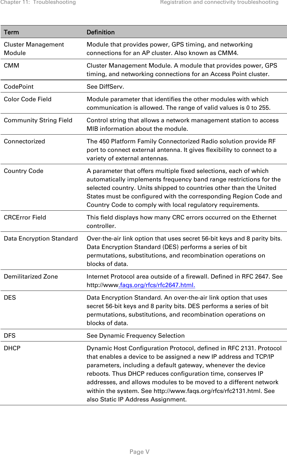 Chapter 11:  Troubleshooting  Registration and connectivity troubleshooting   Page V Term  Definition Cluster Management Module Module that provides power, GPS timing, and networking connections for an AP cluster. Also known as CMM4. CMM  Cluster Management Module. A module that provides power, GPS timing, and networking connections for an Access Point cluster. CodePoint See DiffServ. Color Code Field  Module parameter that identifies the other modules with which communication is allowed. The range of valid values is 0 to 255. Community String Field  Control string that allows a network management station to access MIB information about the module. Connectorized  The 450 Platform Family Connectorized Radio solution provide RF port to connect external antenna. It gives flexibility to connect to a variety of external antennas. Country Code  A parameter that offers multiple fixed selections, each of which automatically implements frequency band range restrictions for the selected country. Units shipped to countries other than the United States must be configured with the corresponding Region Code and Country Code to comply with local regulatory requirements. CRCError Field  This field displays how many CRC errors occurred on the Ethernet controller. Data Encryption Standard  Over-the-air link option that uses secret 56-bit keys and 8 parity bits. Data Encryption Standard (DES) performs a series of bit permutations, substitutions, and recombination operations on blocks of data. Demilitarized Zone  Internet Protocol area outside of a firewall. Defined in RFC 2647. See http://www.faqs.org/rfcs/rfc2647.html. DES  Data Encryption Standard. An over-the-air link option that uses secret 56-bit keys and 8 parity bits. DES performs a series of bit permutations, substitutions, and recombination operations on blocks of data. DFS  See Dynamic Frequency Selection DHCP  Dynamic Host Configuration Protocol, defined in RFC 2131. Protocol that enables a device to be assigned a new IP address and TCP/IP parameters, including a default gateway, whenever the device reboots. Thus DHCP reduces configuration time, conserves IP addresses, and allows modules to be moved to a different network within the system. See http://www.faqs.org/rfcs/rfc2131.html. See also Static IP Address Assignment. 