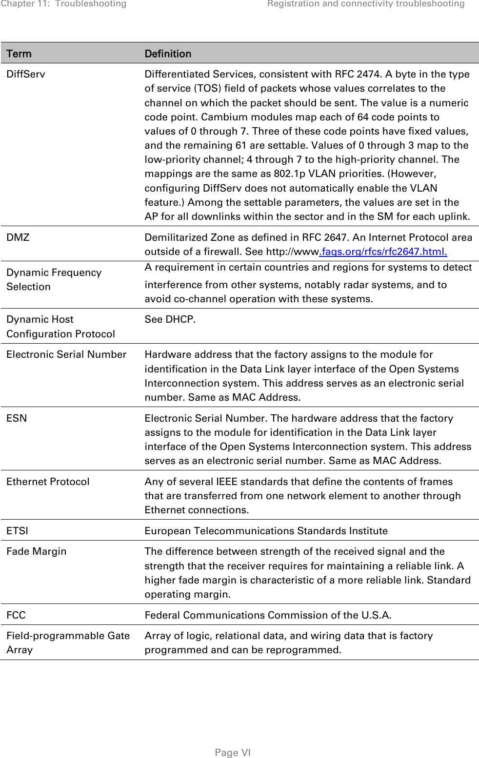 Chapter 11:  Troubleshooting  Registration and connectivity troubleshooting   Page VI Term  Definition DiffServ Differentiated Services, consistent with RFC 2474. A byte in the type of service (TOS) field of packets whose values correlates to the channel on which the packet should be sent. The value is a numeric code point. Cambium modules map each of 64 code points to values of 0 through 7. Three of these code points have fixed values, and the remaining 61 are settable. Values of 0 through 3 map to the low-priority channel; 4 through 7 to the high-priority channel. The mappings are the same as 802.1p VLAN priorities. (However, configuring DiffServ does not automatically enable the VLAN feature.) Among the settable parameters, the values are set in the AP for all downlinks within the sector and in the SM for each uplink. DMZ  Demilitarized Zone as defined in RFC 2647. An Internet Protocol area outside of a firewall. See http://www.faqs.org/rfcs/rfc2647.html. Dynamic Frequency Selection A requirement in certain countries and regions for systems to detect interference from other systems, notably radar systems, and to avoid co-channel operation with these systems. Dynamic Host Configuration Protocol See DHCP.  Electronic Serial Number  Hardware address that the factory assigns to the module for identification in the Data Link layer interface of the Open Systems Interconnection system. This address serves as an electronic serial number. Same as MAC Address. ESN  Electronic Serial Number. The hardware address that the factory assigns to the module for identification in the Data Link layer interface of the Open Systems Interconnection system. This address serves as an electronic serial number. Same as MAC Address. Ethernet Protocol  Any of several IEEE standards that define the contents of frames that are transferred from one network element to another through Ethernet connections. ETSI  European Telecommunications Standards Institute Fade Margin  The difference between strength of the received signal and the strength that the receiver requires for maintaining a reliable link. A higher fade margin is characteristic of a more reliable link. Standard operating margin. FCC  Federal Communications Commission of the U.S.A. Field-programmable Gate Array Array of logic, relational data, and wiring data that is factory programmed and can be reprogrammed. 