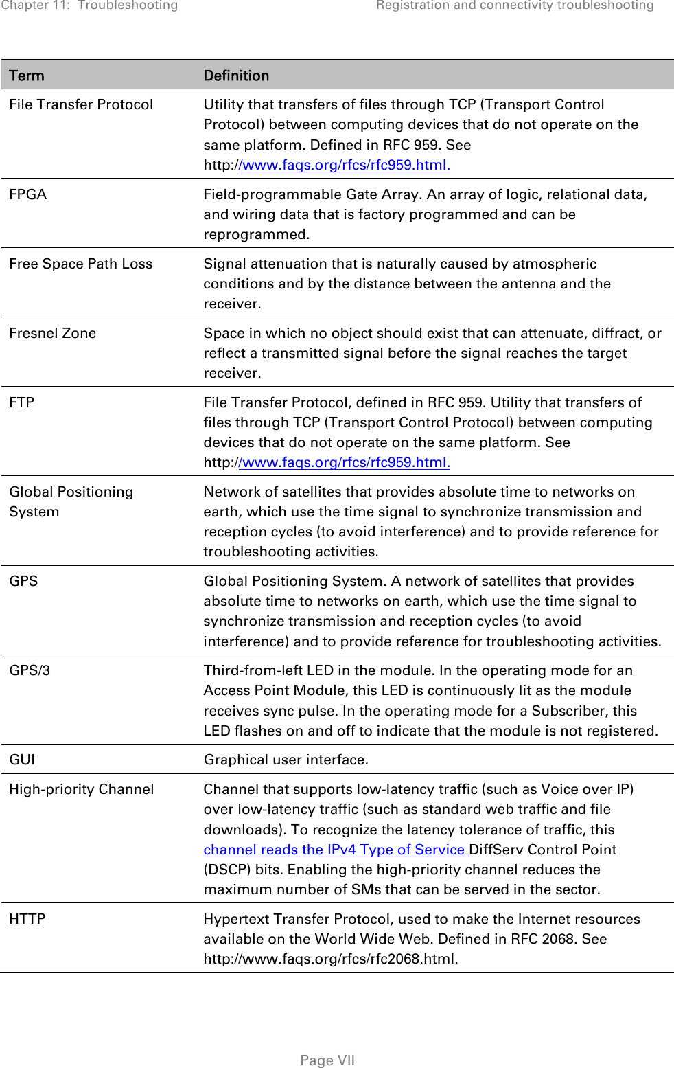 Chapter 11:  Troubleshooting  Registration and connectivity troubleshooting   Page VII Term  Definition File Transfer Protocol  Utility that transfers of files through TCP (Transport Control Protocol) between computing devices that do not operate on the same platform. Defined in RFC 959. See http://www.faqs.org/rfcs/rfc959.html. FPGA  Field-programmable Gate Array. An array of logic, relational data, and wiring data that is factory programmed and can be reprogrammed. Free Space Path Loss  Signal attenuation that is naturally caused by atmospheric conditions and by the distance between the antenna and the receiver. Fresnel Zone  Space in which no object should exist that can attenuate, diffract, or reflect a transmitted signal before the signal reaches the target receiver.  FTP  File Transfer Protocol, defined in RFC 959. Utility that transfers of files through TCP (Transport Control Protocol) between computing devices that do not operate on the same platform. See http://www.faqs.org/rfcs/rfc959.html. Global Positioning System Network of satellites that provides absolute time to networks on earth, which use the time signal to synchronize transmission and reception cycles (to avoid interference) and to provide reference for troubleshooting activities. GPS  Global Positioning System. A network of satellites that provides absolute time to networks on earth, which use the time signal to synchronize transmission and reception cycles (to avoid interference) and to provide reference for troubleshooting activities.  GPS/3  Third-from-left LED in the module. In the operating mode for an Access Point Module, this LED is continuously lit as the module receives sync pulse. In the operating mode for a Subscriber, this LED flashes on and off to indicate that the module is not registered. GUI  Graphical user interface. High-priority Channel  Channel that supports low-latency traffic (such as Voice over IP) over low-latency traffic (such as standard web traffic and file downloads). To recognize the latency tolerance of traffic, this channel reads the IPv4 Type of Service DiffServ Control Point (DSCP) bits. Enabling the high-priority channel reduces the maximum number of SMs that can be served in the sector. HTTP  Hypertext Transfer Protocol, used to make the Internet resources available on the World Wide Web. Defined in RFC 2068. See http://www.faqs.org/rfcs/rfc2068.html. 