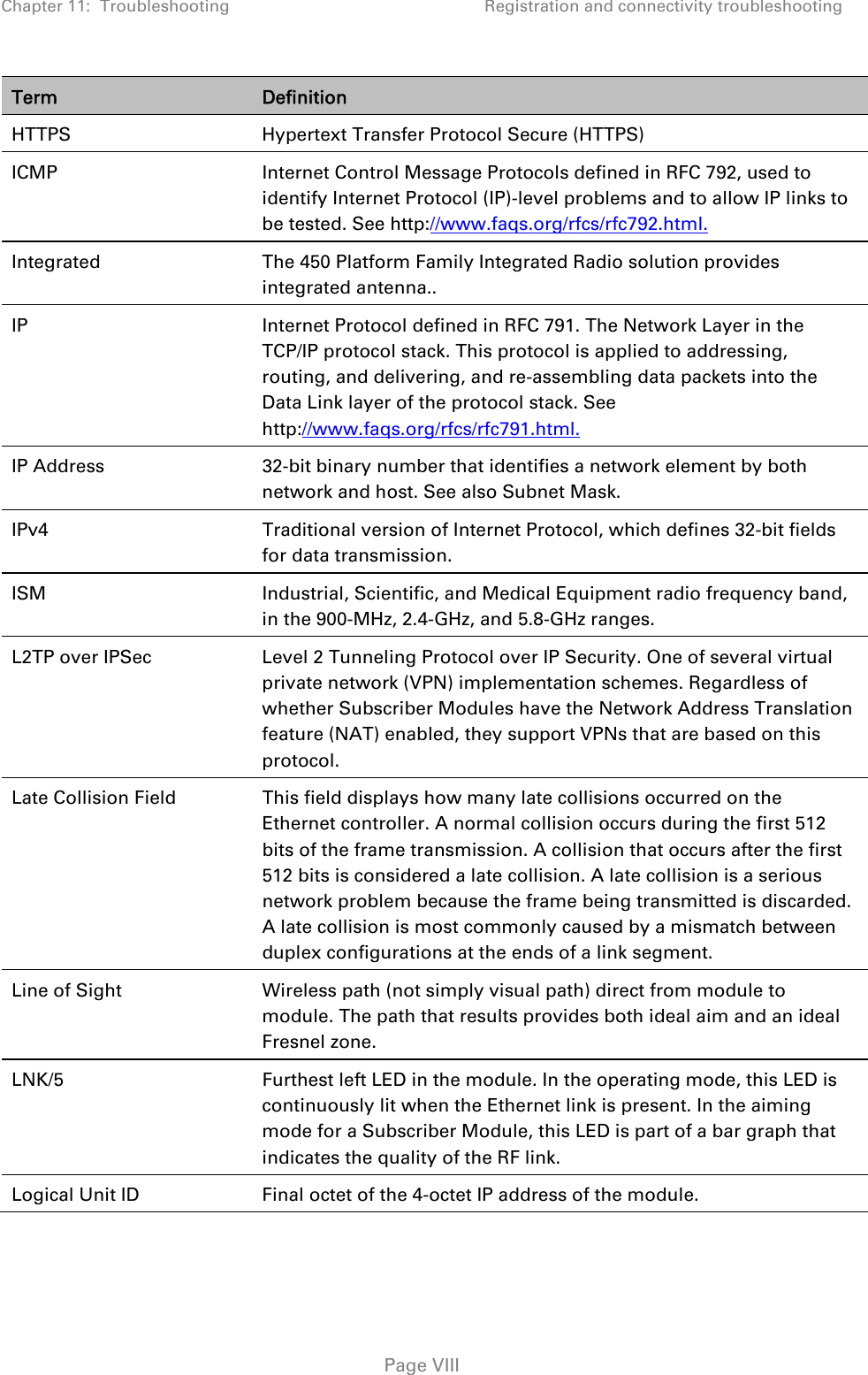 Chapter 11:  Troubleshooting  Registration and connectivity troubleshooting   Page VIII Term  Definition HTTPS  Hypertext Transfer Protocol Secure (HTTPS) ICMP  Internet Control Message Protocols defined in RFC 792, used to identify Internet Protocol (IP)-level problems and to allow IP links to be tested. See http://www.faqs.org/rfcs/rfc792.html. Integrated  The 450 Platform Family Integrated Radio solution provides integrated antenna.. IP  Internet Protocol defined in RFC 791. The Network Layer in the TCP/IP protocol stack. This protocol is applied to addressing, routing, and delivering, and re-assembling data packets into the Data Link layer of the protocol stack. See http://www.faqs.org/rfcs/rfc791.html. IP Address  32-bit binary number that identifies a network element by both network and host. See also Subnet Mask. IPv4  Traditional version of Internet Protocol, which defines 32-bit fields for data transmission. ISM  Industrial, Scientific, and Medical Equipment radio frequency band, in the 900-MHz, 2.4-GHz, and 5.8-GHz ranges. L2TP over IPSec  Level 2 Tunneling Protocol over IP Security. One of several virtual private network (VPN) implementation schemes. Regardless of whether Subscriber Modules have the Network Address Translation feature (NAT) enabled, they support VPNs that are based on this protocol. Late Collision Field  This field displays how many late collisions occurred on the Ethernet controller. A normal collision occurs during the first 512 bits of the frame transmission. A collision that occurs after the first 512 bits is considered a late collision. A late collision is a serious network problem because the frame being transmitted is discarded. A late collision is most commonly caused by a mismatch between duplex configurations at the ends of a link segment. Line of Sight  Wireless path (not simply visual path) direct from module to module. The path that results provides both ideal aim and an ideal Fresnel zone. LNK/5  Furthest left LED in the module. In the operating mode, this LED is continuously lit when the Ethernet link is present. In the aiming mode for a Subscriber Module, this LED is part of a bar graph that indicates the quality of the RF link. Logical Unit ID  Final octet of the 4-octet IP address of the module. 