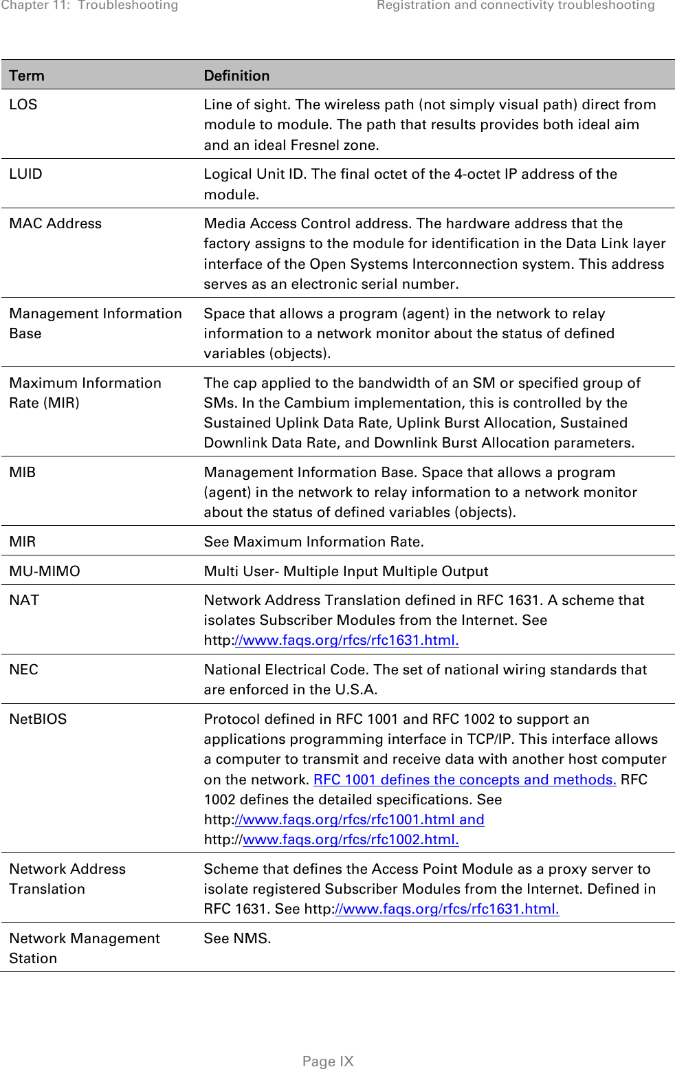 Chapter 11:  Troubleshooting  Registration and connectivity troubleshooting   Page IX Term  Definition LOS  Line of sight. The wireless path (not simply visual path) direct from module to module. The path that results provides both ideal aim and an ideal Fresnel zone.  LUID  Logical Unit ID. The final octet of the 4-octet IP address of the module. MAC Address  Media Access Control address. The hardware address that the factory assigns to the module for identification in the Data Link layer interface of the Open Systems Interconnection system. This address serves as an electronic serial number.  Management Information Base Space that allows a program (agent) in the network to relay information to a network monitor about the status of defined variables (objects). Maximum Information Rate (MIR) The cap applied to the bandwidth of an SM or specified group of SMs. In the Cambium implementation, this is controlled by the Sustained Uplink Data Rate, Uplink Burst Allocation, Sustained Downlink Data Rate, and Downlink Burst Allocation parameters. MIB  Management Information Base. Space that allows a program (agent) in the network to relay information to a network monitor about the status of defined variables (objects). MIR  See Maximum Information Rate. MU-MIMO Multi User- Multiple Input Multiple Output NAT  Network Address Translation defined in RFC 1631. A scheme that isolates Subscriber Modules from the Internet. See http://www.faqs.org/rfcs/rfc1631.html. NEC  National Electrical Code. The set of national wiring standards that are enforced in the U.S.A. NetBIOS  Protocol defined in RFC 1001 and RFC 1002 to support an applications programming interface in TCP/IP. This interface allows a computer to transmit and receive data with another host computer on the network. RFC 1001 defines the concepts and methods. RFC 1002 defines the detailed specifications. See http://www.faqs.org/rfcs/rfc1001.html and http://www.faqs.org/rfcs/rfc1002.html. Network Address Translation Scheme that defines the Access Point Module as a proxy server to isolate registered Subscriber Modules from the Internet. Defined in RFC 1631. See http://www.faqs.org/rfcs/rfc1631.html. Network Management Station See NMS. 