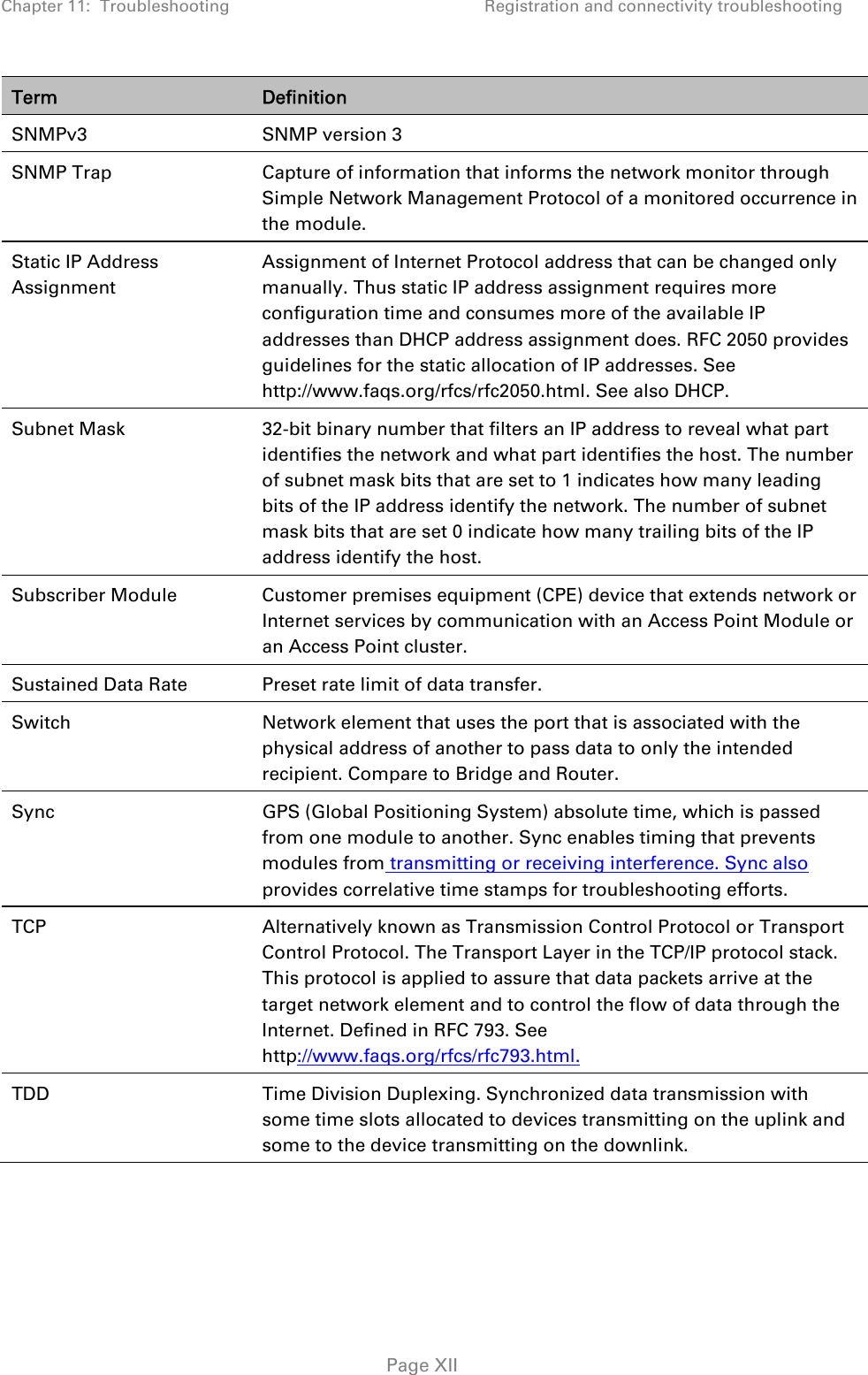 Chapter 11:  Troubleshooting  Registration and connectivity troubleshooting   Page XII Term  Definition SNMPv3  SNMP version 3 SNMP Trap  Capture of information that informs the network monitor through Simple Network Management Protocol of a monitored occurrence in the module. Static IP Address Assignment Assignment of Internet Protocol address that can be changed only manually. Thus static IP address assignment requires more configuration time and consumes more of the available IP addresses than DHCP address assignment does. RFC 2050 provides guidelines for the static allocation of IP addresses. See http://www.faqs.org/rfcs/rfc2050.html. See also DHCP. Subnet Mask  32-bit binary number that filters an IP address to reveal what part identifies the network and what part identifies the host. The number of subnet mask bits that are set to 1 indicates how many leading bits of the IP address identify the network. The number of subnet mask bits that are set 0 indicate how many trailing bits of the IP address identify the host. Subscriber Module  Customer premises equipment (CPE) device that extends network or Internet services by communication with an Access Point Module or an Access Point cluster. Sustained Data Rate  Preset rate limit of data transfer. Switch  Network element that uses the port that is associated with the physical address of another to pass data to only the intended recipient. Compare to Bridge and Router. Sync  GPS (Global Positioning System) absolute time, which is passed from one module to another. Sync enables timing that prevents modules from transmitting or receiving interference. Sync also provides correlative time stamps for troubleshooting efforts. TCP  Alternatively known as Transmission Control Protocol or Transport Control Protocol. The Transport Layer in the TCP/IP protocol stack. This protocol is applied to assure that data packets arrive at the target network element and to control the flow of data through the Internet. Defined in RFC 793. See http://www.faqs.org/rfcs/rfc793.html. TDD  Time Division Duplexing. Synchronized data transmission with some time slots allocated to devices transmitting on the uplink and some to the device transmitting on the downlink.  