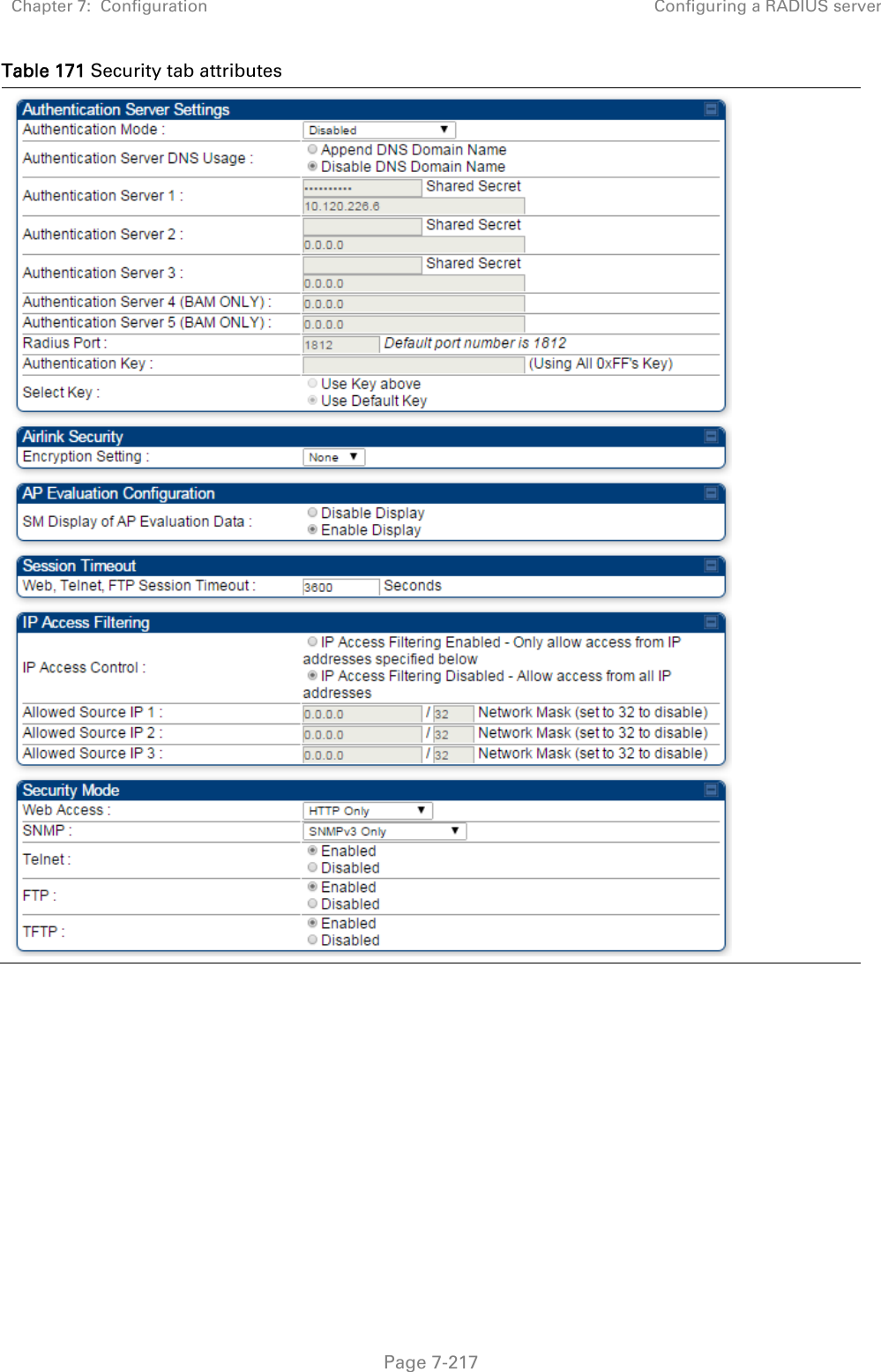 Chapter 7:  Configuration  Configuring a RADIUS server   Page 7-217 Table 171 Security tab attributes    