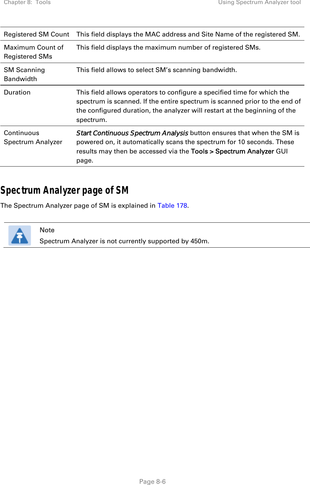 Chapter 8:  Tools  Using Spectrum Analyzer tool   Page 8-6 Registered SM Count  This field displays the MAC address and Site Name of the registered SM. Maximum Count of Registered SMs This field displays the maximum number of registered SMs.  SM Scanning Bandwidth This field allows to select SM’s scanning bandwidth. Duration  This field allows operators to configure a specified time for which the spectrum is scanned. If the entire spectrum is scanned prior to the end of the configured duration, the analyzer will restart at the beginning of the spectrum. Continuous Spectrum Analyzer  Start Continuous Spectrum Analysis button ensures that when the SM is powered on, it automatically scans the spectrum for 10 seconds. These results may then be accessed via the Tools &gt; Spectrum Analyzer GUI page.  Spectrum Analyzer page of SM The Spectrum Analyzer page of SM is explained in Table 178.   Note Spectrum Analyzer is not currently supported by 450m.  