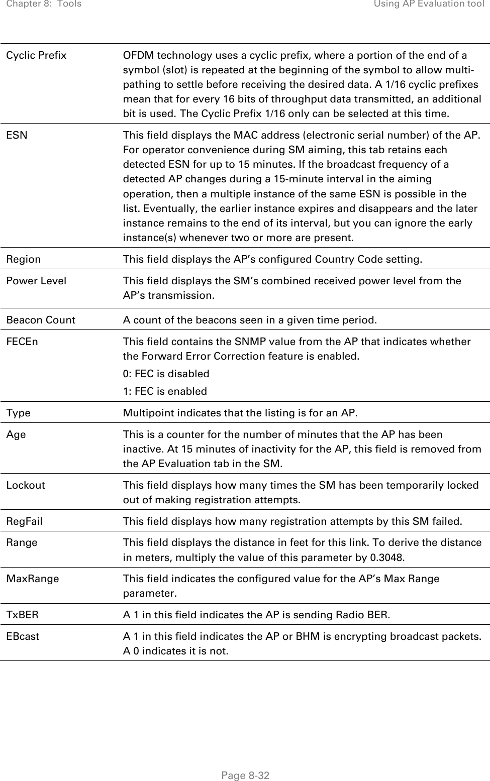 Chapter 8:  Tools  Using AP Evaluation tool   Page 8-32 Cyclic Prefix  OFDM technology uses a cyclic prefix, where a portion of the end of a symbol (slot) is repeated at the beginning of the symbol to allow multi-pathing to settle before receiving the desired data. A 1/16 cyclic prefixes mean that for every 16 bits of throughput data transmitted, an additional bit is used. The Cyclic Prefix 1/16 only can be selected at this time. ESN  This field displays the MAC address (electronic serial number) of the AP. For operator convenience during SM aiming, this tab retains each detected ESN for up to 15 minutes. If the broadcast frequency of a detected AP changes during a 15-minute interval in the aiming operation, then a multiple instance of the same ESN is possible in the list. Eventually, the earlier instance expires and disappears and the later instance remains to the end of its interval, but you can ignore the early instance(s) whenever two or more are present. Region  This field displays the AP’s configured Country Code setting. Power Level  This field displays the SM’s combined received power level from the AP’s transmission. Beacon Count  A count of the beacons seen in a given time period. FECEn  This field contains the SNMP value from the AP that indicates whether the Forward Error Correction feature is enabled. 0: FEC is disabled 1: FEC is enabled Type  Multipoint indicates that the listing is for an AP. Age  This is a counter for the number of minutes that the AP has been inactive. At 15 minutes of inactivity for the AP, this field is removed from the AP Evaluation tab in the SM. Lockout  This field displays how many times the SM has been temporarily locked out of making registration attempts. RegFail  This field displays how many registration attempts by this SM failed. Range  This field displays the distance in feet for this link. To derive the distance in meters, multiply the value of this parameter by 0.3048. MaxRange  This field indicates the configured value for the AP’s Max Range parameter. TxBER  A 1 in this field indicates the AP is sending Radio BER. EBcast  A 1 in this field indicates the AP or BHM is encrypting broadcast packets. A 0 indicates it is not. 