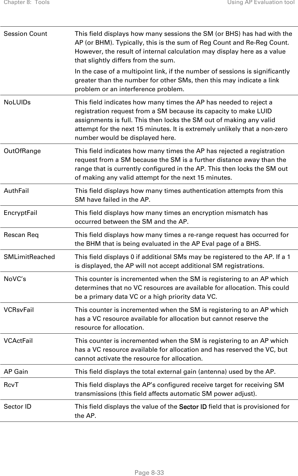 Chapter 8:  Tools  Using AP Evaluation tool   Page 8-33 Session Count  This field displays how many sessions the SM (or BHS) has had with the AP (or BHM). Typically, this is the sum of Reg Count and Re-Reg Count. However, the result of internal calculation may display here as a value that slightly differs from the sum.  In the case of a multipoint link, if the number of sessions is significantly greater than the number for other SMs, then this may indicate a link problem or an interference problem. NoLUIDs  This field indicates how many times the AP has needed to reject a registration request from a SM because its capacity to make LUID assignments is full. This then locks the SM out of making any valid attempt for the next 15 minutes. It is extremely unlikely that a non-zero number would be displayed here. OutOfRange  This field indicates how many times the AP has rejected a registration request from a SM because the SM is a further distance away than the range that is currently configured in the AP. This then locks the SM out of making any valid attempt for the next 15 minutes. AuthFail  This field displays how many times authentication attempts from this SM have failed in the AP. EncryptFail  This field displays how many times an encryption mismatch has occurred between the SM and the AP. Rescan Req  This field displays how many times a re-range request has occurred for the BHM that is being evaluated in the AP Eval page of a BHS. SMLimitReached This field displays 0 if additional SMs may be registered to the AP. If a 1 is displayed, the AP will not accept additional SM registrations. NoVC’s  This counter is incremented when the SM is registering to an AP which determines that no VC resources are available for allocation. This could be a primary data VC or a high priority data VC. VCRsvFail  This counter is incremented when the SM is registering to an AP which has a VC resource available for allocation but cannot reserve the resource for allocation. VCActFail  This counter is incremented when the SM is registering to an AP which has a VC resource available for allocation and has reserved the VC, but cannot activate the resource for allocation. AP Gain  This field displays the total external gain (antenna) used by the AP. RcvT  This field displays the AP’s configured receive target for receiving SM transmissions (this field affects automatic SM power adjust). Sector ID  This field displays the value of the Sector ID field that is provisioned for the AP. 