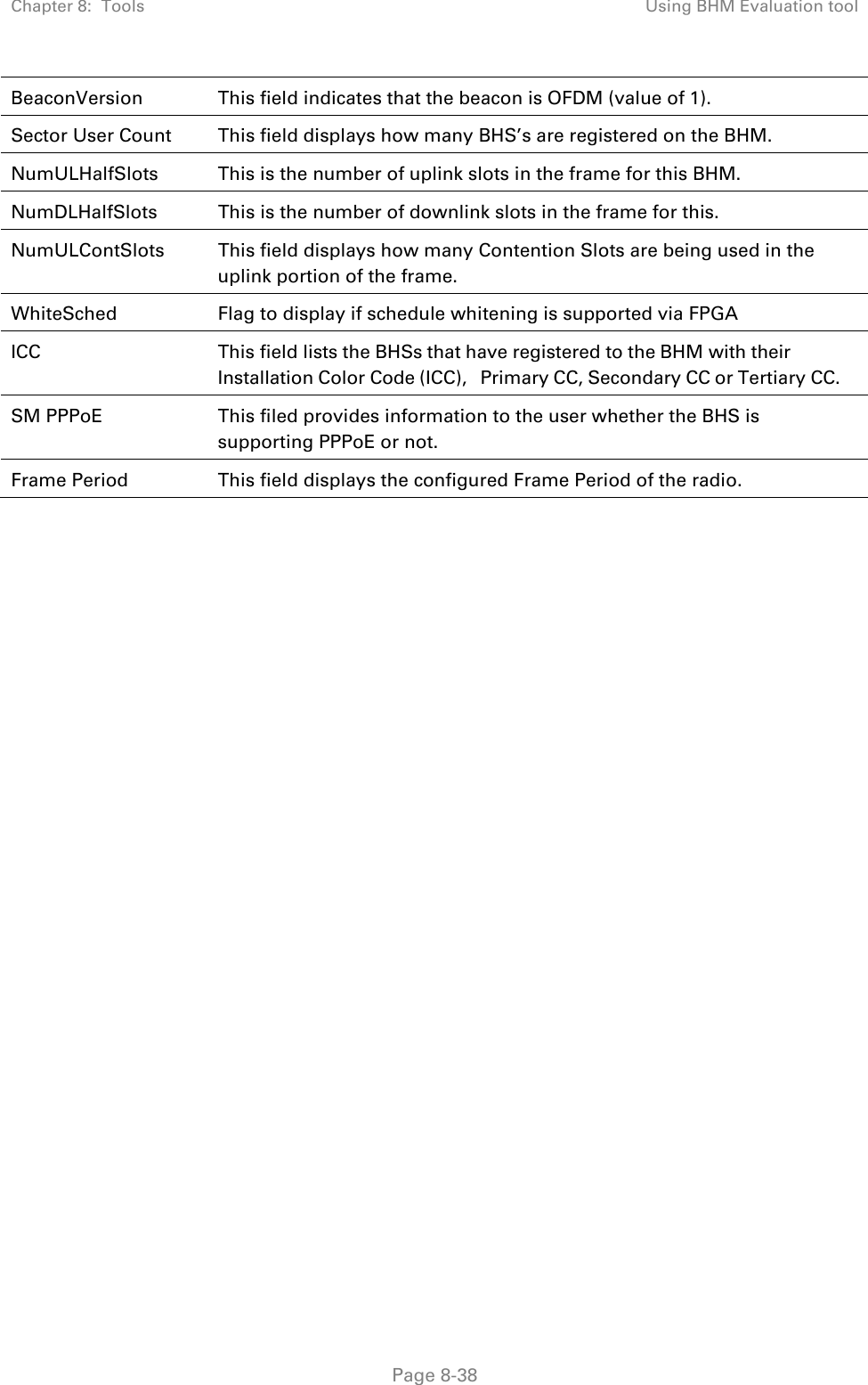 Chapter 8:  Tools  Using BHM Evaluation tool   Page 8-38 BeaconVersion  This field indicates that the beacon is OFDM (value of 1). Sector User Count  This field displays how many BHS’s are registered on the BHM. NumULHalfSlots  This is the number of uplink slots in the frame for this BHM.  NumDLHalfSlots  This is the number of downlink slots in the frame for this.  NumULContSlots  This field displays how many Contention Slots are being used in the uplink portion of the frame. WhiteSched  Flag to display if schedule whitening is supported via FPGA ICC  This field lists the BHSs that have registered to the BHM with their Installation Color Code (ICC), Primary CC, Secondary CC or Tertiary CC. SM PPPoE  This filed provides information to the user whether the BHS is supporting PPPoE or not. Frame Period  This field displays the configured Frame Period of the radio.   