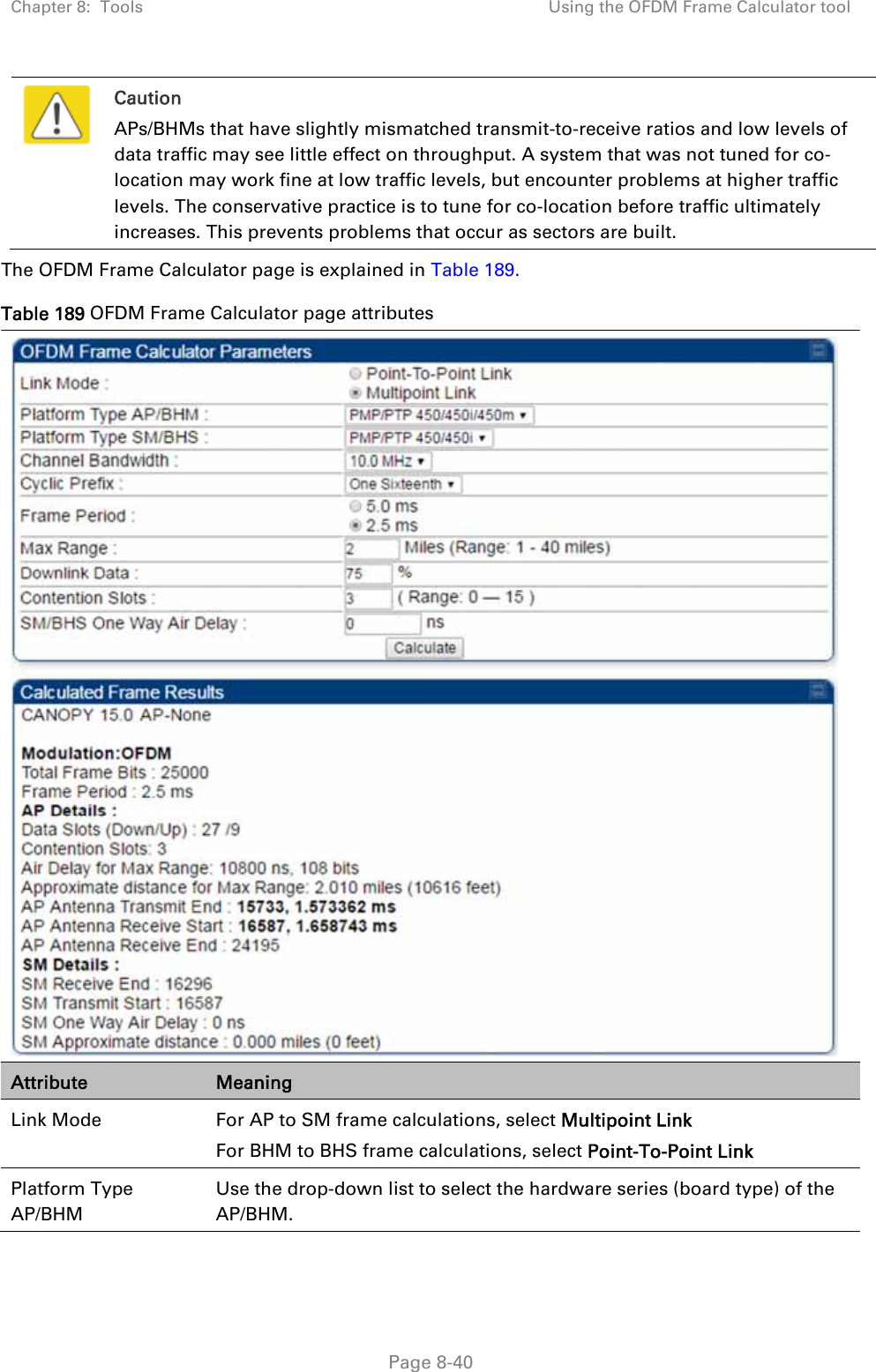 Chapter 8:  Tools  Using the OFDM Frame Calculator tool   Page 8-40  Caution APs/BHMs that have slightly mismatched transmit-to-receive ratios and low levels of data traffic may see little effect on throughput. A system that was not tuned for co-location may work fine at low traffic levels, but encounter problems at higher traffic levels. The conservative practice is to tune for co-location before traffic ultimately increases. This prevents problems that occur as sectors are built. The OFDM Frame Calculator page is explained in Table 189. Table 189 OFDM Frame Calculator page attributes  Attribute  Meaning Link Mode  For AP to SM frame calculations, select Multipoint Link For BHM to BHS frame calculations, select Point-To-Point Link Platform Type AP/BHM Use the drop-down list to select the hardware series (board type) of the AP/BHM. 