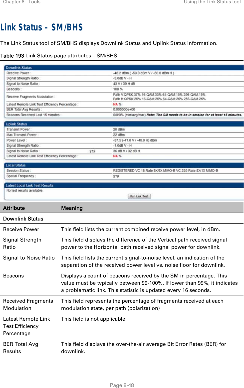 Chapter 8:  Tools  Using the Link Status tool   Page 8-48 Link Status – SM/BHS The Link Status tool of SM/BHS displays Downlink Status and Uplink Status information. Table 193 Link Status page attributes – SM/BHS Attribute  Meaning Downlink Status   Receive Power  This field lists the current combined receive power level, in dBm. Signal Strength Ratio This field displays the difference of the Vertical path received signal power to the Horizontal path received signal power for downlink. Signal to Noise Ratio  This field lists the current signal-to-noise level, an indication of the separation of the received power level vs. noise floor for downlink. Beacons  Displays a count of beacons received by the SM in percentage. This value must be typically between 99-100%. If lower than 99%, it indicates a problematic link. This statistic is updated every 16 seconds. Received Fragments Modulation This field represents the percentage of fragments received at each modulation state, per path (polarization) Latest Remote Link Test Efficiency Percentage This field is not applicable. BER Total Avg Results This field displays the over-the-air average Bit Error Rates (BER) for downlink. 