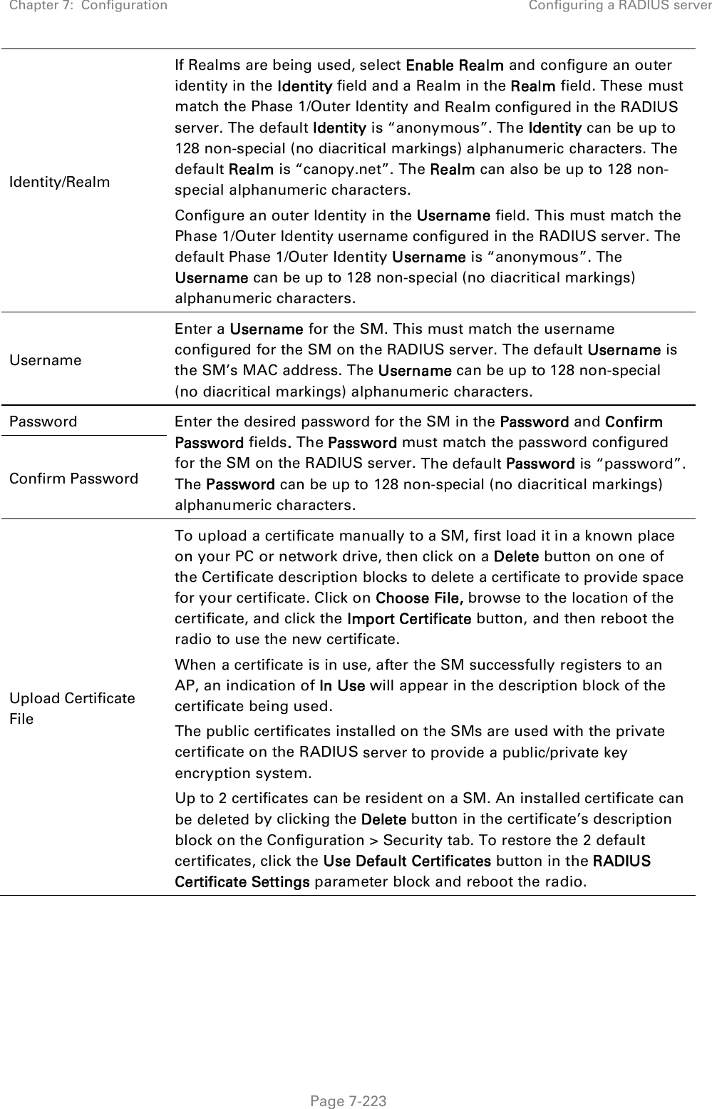 Chapter 7:  Configuration  Configuring a RADIUS server   Page 7-223 Identity/Realm If Realms are being used, select Enable Realm and configure an outer identity in the Identity field and a Realm in the Realm field. These must match the Phase 1/Outer Identity and Realm configured in the RADIUS server. The default Identity is “anonymous”. The Identity can be up to 128 non-special (no diacritical markings) alphanumeric characters. The default Realm is “canopy.net”. The Realm can also be up to 128 non-special alphanumeric characters. Configure an outer Identity in the Username field. This must match the Phase 1/Outer Identity username configured in the RADIUS server. The default Phase 1/Outer Identity Username is “anonymous”. The Username can be up to 128 non-special (no diacritical markings) alphanumeric characters. Username Enter a Username for the SM. This must match the username configured for the SM on the RADIUS server. The default Username is the SM’s MAC address. The Username can be up to 128 non-special (no diacritical markings) alphanumeric characters. Password  Enter the desired password for the SM in the Password and Confirm Password fields. The Password must match the password configured for the SM on the RADIUS server. The default Password is “password”. The Password can be up to 128 non-special (no diacritical markings) alphanumeric characters. Confirm Password Upload Certificate File To upload a certificate manually to a SM, first load it in a known place on your PC or network drive, then click on a Delete button on one of the Certificate description blocks to delete a certificate to provide space for your certificate. Click on Choose File, browse to the location of the certificate, and click the Import Certificate button, and then reboot the radio to use the new certificate. When a certificate is in use, after the SM successfully registers to an AP, an indication of In Use will appear in the description block of the certificate being used. The public certificates installed on the SMs are used with the private certificate on the RADIUS server to provide a public/private key encryption system. Up to 2 certificates can be resident on a SM. An installed certificate can be deleted by clicking the Delete button in the certificate’s description block on the Configuration &gt; Security tab. To restore the 2 default certificates, click the Use Default Certificates button in the RADIUS Certificate Settings parameter block and reboot the radio. 