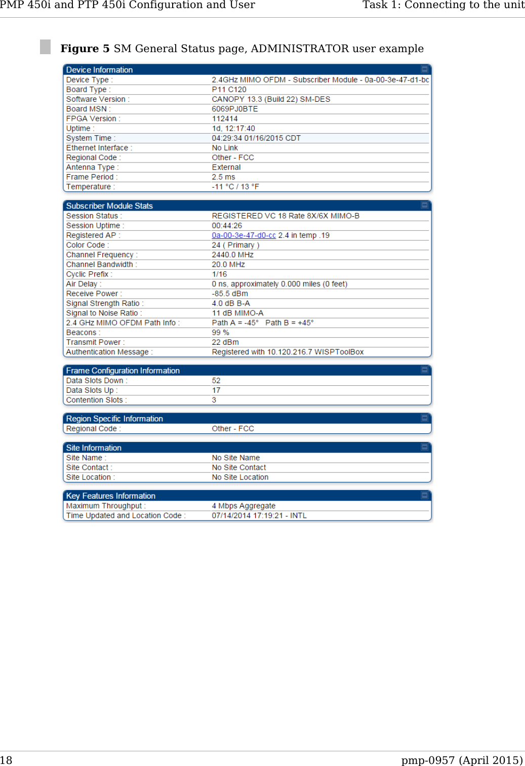 PMP 450i and PTP 450i Configuration and User   Task 1: Connecting to the unit   Figure 5 SM General Status page, ADMINISTRATOR user example  18  pmp-0957 (April 2015)  