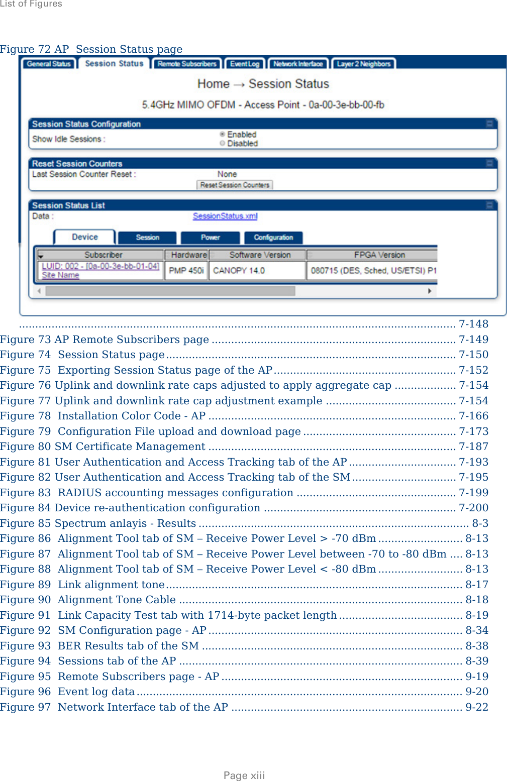 List of Figures     Page xiii Figure 72 AP  Session Status page ...................................................................................................................................... 7-148 Figure 73 AP Remote Subscribers page ........................................................................... 7-149 Figure 74  Session Status page ......................................................................................... 7-150 Figure 75  Exporting Session Status page of the AP ........................................................ 7-152 Figure 76 Uplink and downlink rate caps adjusted to apply aggregate cap ................... 7-154 Figure 77 Uplink and downlink rate cap adjustment example ........................................ 7-154 Figure 78  Installation Color Code - AP ............................................................................ 7-166 Figure 79  Configuration File upload and download page ............................................... 7-173 Figure 80 SM Certificate Management ............................................................................ 7-187 Figure 81 User Authentication and Access Tracking tab of the AP ................................. 7-193 Figure 82 User Authentication and Access Tracking tab of the SM ................................ 7-195 Figure 83  RADIUS accounting messages configuration ................................................. 7-199 Figure 84 Device re-authentication configuration ........................................................... 7-200 Figure 85 Spectrum anlayis - Results ................................................................................... 8-3 Figure 86  Alignment Tool tab of SM – Receive Power Level &gt; -70 dBm .......................... 8-13 Figure 87  Alignment Tool tab of SM – Receive Power Level between -70 to -80 dBm .... 8-13 Figure 88  Alignment Tool tab of SM – Receive Power Level &lt; -80 dBm .......................... 8-13 Figure 89  Link alignment tone ........................................................................................... 8-17 Figure 90  Alignment Tone Cable ....................................................................................... 8-18 Figure 91  Link Capacity Test tab with 1714-byte packet length ...................................... 8-19 Figure 92  SM Configuration page - AP .............................................................................. 8-34 Figure 93  BER Results tab of the SM ................................................................................ 8-38 Figure 94  Sessions tab of the AP ....................................................................................... 8-39 Figure 95  Remote Subscribers page - AP .......................................................................... 9-19 Figure 96  Event log data .................................................................................................... 9-20 Figure 97  Network Interface tab of the AP ....................................................................... 9-22 