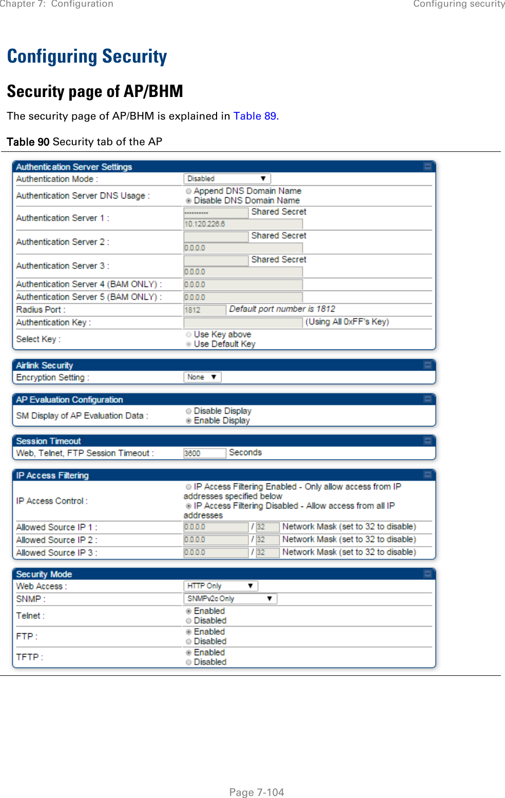 Chapter 7:  Configuration Configuring security   Page 7-104 Configuring Security Security page of AP/BHM The security page of AP/BHM is explained in Table 89. Table 90 Security tab of the AP  