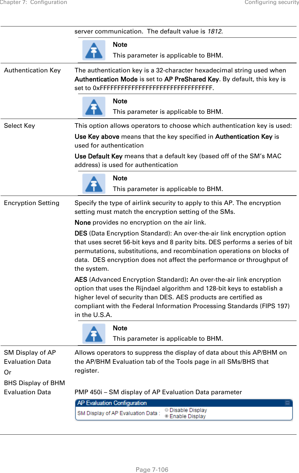 Chapter 7:  Configuration Configuring security   Page 7-106 server communication.  The default value is 1812.  Note This parameter is applicable to BHM.  Authentication Key The authentication key is a 32-character hexadecimal string used when Authentication Mode is set to AP PreShared Key. By default, this key is set to 0xFFFFFFFFFFFFFFFFFFFFFFFFFFFFFFFF.  Note This parameter is applicable to BHM.  Select Key  This option allows operators to choose which authentication key is used: Use Key above means that the key specified in Authentication Key is used for authentication Use Default Key means that a default key (based off of the SM’s MAC address) is used for authentication  Note This parameter is applicable to BHM.  Encryption Setting  Specify the type of airlink security to apply to this AP. The encryption setting must match the encryption setting of the SMs. None provides no encryption on the air link.  DES (Data Encryption Standard): An over-the-air link encryption option that uses secret 56-bit keys and 8 parity bits. DES performs a series of bit permutations, substitutions, and recombination operations on blocks of data.  DES encryption does not affect the performance or throughput of the system. AES (Advanced Encryption Standard): An over-the-air link encryption option that uses the Rijndael algorithm and 128-bit keys to establish a higher level of security than DES. AES products are certified as compliant with the Federal Information Processing Standards (FIPS 197) in the U.S.A.  Note This parameter is applicable to BHM.  SM Display of AP Evaluation Data Or  BHS Display of BHM Evaluation Data Allows operators to suppress the display of data about this AP/BHM on the AP/BHM Evaluation tab of the Tools page in all SMs/BHS that register.  PMP 450i – SM display of AP Evaluation Data parameter   