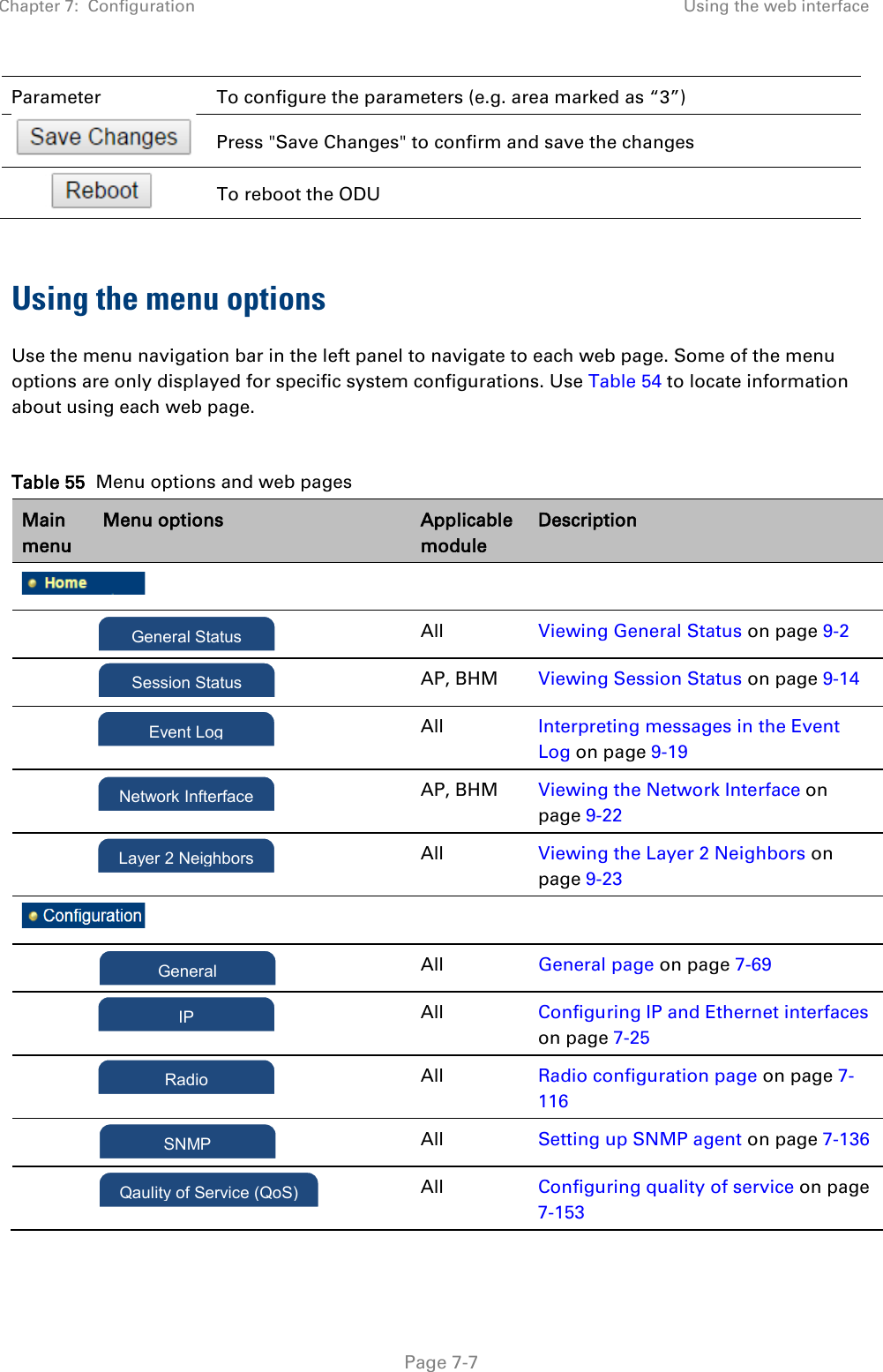 Chapter 7:  Configuration Using the web interface   Page 7-7 Parameter To configure the parameters (e.g. area marked as “3”)  Press &quot;Save Changes&quot; to confirm and save the changes  To reboot the ODU  Using the menu options Use the menu navigation bar in the left panel to navigate to each web page. Some of the menu options are only displayed for specific system configurations. Use Table 54 to locate information about using each web page.  Table 55  Menu options and web pages Main menu Menu options Applicable module Description       All Viewing General Status on page 9-2   AP, BHM Viewing Session Status on page 9-14   All Interpreting messages in the Event Log on page 9-19   AP, BHM Viewing the Network Interface on page 9-22   All Viewing the Layer 2 Neighbors on page 9-23       All General page on page 7-69   All Configuring IP and Ethernet interfaces on page 7-25   All Radio configuration page on page 7-116   All Setting up SNMP agent on page 7-136   All Configuring quality of service on page 7-153 Event Log Network Infterface General IP Radio SNMP Qaulity of Service (QoS) Layer 2 Neighbors Session Status General Status 
