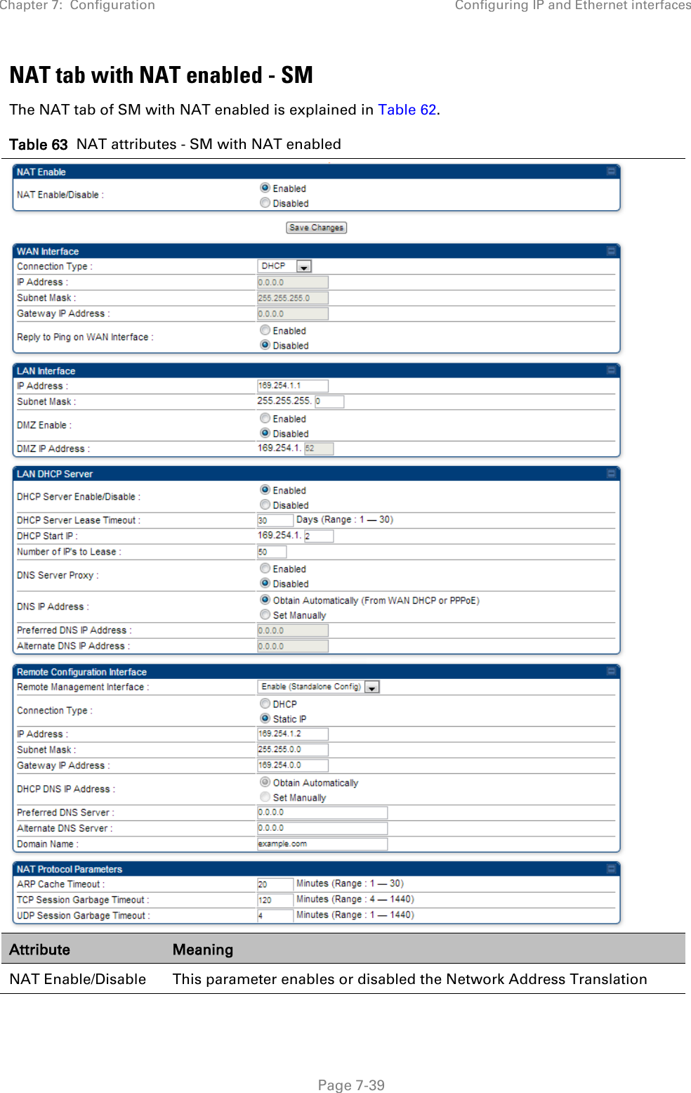 Chapter 7:  Configuration Configuring IP and Ethernet interfaces   Page 7-39 NAT tab with NAT enabled - SM The NAT tab of SM with NAT enabled is explained in Table 62. Table 63  NAT attributes - SM with NAT enabled   Attribute Meaning NAT Enable/Disable This parameter enables or disabled the Network Address Translation 