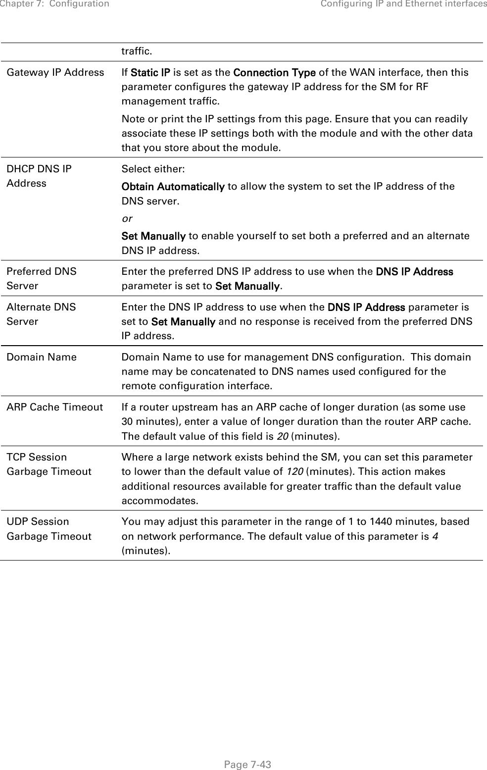 Chapter 7:  Configuration Configuring IP and Ethernet interfaces   Page 7-43 traffic. Gateway IP Address  If Static IP is set as the Connection Type of the WAN interface, then this parameter configures the gateway IP address for the SM for RF management traffic. Note or print the IP settings from this page. Ensure that you can readily associate these IP settings both with the module and with the other data that you store about the module. DHCP DNS IP Address Select either: Obtain Automatically to allow the system to set the IP address of the DNS server. or Set Manually to enable yourself to set both a preferred and an alternate DNS IP address. Preferred DNS Server Enter the preferred DNS IP address to use when the DNS IP Address parameter is set to Set Manually. Alternate DNS Server Enter the DNS IP address to use when the DNS IP Address parameter is set to Set Manually and no response is received from the preferred DNS IP address. Domain Name Domain Name to use for management DNS configuration.  This domain name may be concatenated to DNS names used configured for the remote configuration interface. ARP Cache Timeout If a router upstream has an ARP cache of longer duration (as some use 30 minutes), enter a value of longer duration than the router ARP cache. The default value of this field is 20 (minutes). TCP Session Garbage Timeout Where a large network exists behind the SM, you can set this parameter to lower than the default value of 120 (minutes). This action makes additional resources available for greater traffic than the default value accommodates. UDP Session Garbage Timeout You may adjust this parameter in the range of 1 to 1440 minutes, based on network performance. The default value of this parameter is 4 (minutes).  