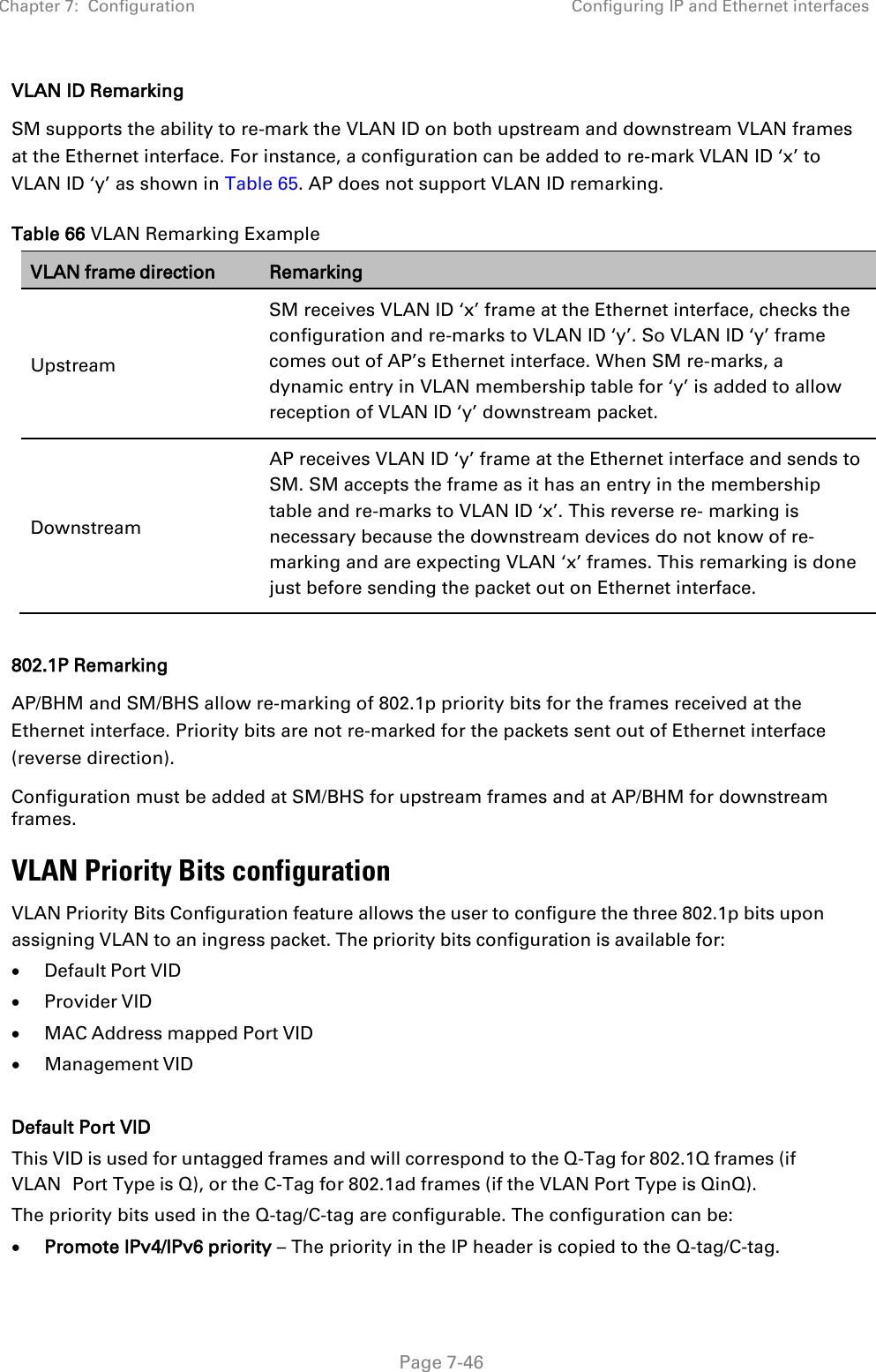 Chapter 7:  Configuration Configuring IP and Ethernet interfaces   Page 7-46 VLAN ID Remarking SM supports the ability to re-mark the VLAN ID on both upstream and downstream VLAN frames at the Ethernet interface. For instance, a configuration can be added to re-mark VLAN ID ‘x’ to VLAN ID ‘y’ as shown in Table 65. AP does not support VLAN ID remarking. Table 66 VLAN Remarking Example VLAN frame direction Remarking Upstream SM receives VLAN ID ‘x’ frame at the Ethernet interface, checks the configuration and re-marks to VLAN ID ‘y’. So VLAN ID ‘y’ frame comes out of AP’s Ethernet interface. When SM re-marks, a dynamic entry in VLAN membership table for ‘y’ is added to allow reception of VLAN ID ‘y’ downstream packet. Downstream AP receives VLAN ID ‘y’ frame at the Ethernet interface and sends to SM. SM accepts the frame as it has an entry in the membership table and re-marks to VLAN ID ‘x’. This reverse re- marking is necessary because the downstream devices do not know of re-marking and are expecting VLAN ‘x’ frames. This remarking is done just before sending the packet out on Ethernet interface.  802.1P Remarking AP/BHM and SM/BHS allow re-marking of 802.1p priority bits for the frames received at the Ethernet interface. Priority bits are not re-marked for the packets sent out of Ethernet interface (reverse direction). Configuration must be added at SM/BHS for upstream frames and at AP/BHM for downstream frames. VLAN Priority Bits configuration VLAN Priority Bits Configuration feature allows the user to configure the three 802.1p bits upon assigning VLAN to an ingress packet. The priority bits configuration is available for: • Default Port VID • Provider VID • MAC Address mapped Port VID • Management VID  Default Port VID This VID is used for untagged frames and will correspond to the Q-Tag for 802.1Q frames (if VLAN Port Type is Q), or the C-Tag for 802.1ad frames (if the VLAN Port Type is QinQ). The priority bits used in the Q-tag/C-tag are configurable. The configuration can be: • Promote IPv4/IPv6 priority – The priority in the IP header is copied to the Q-tag/C-tag. 