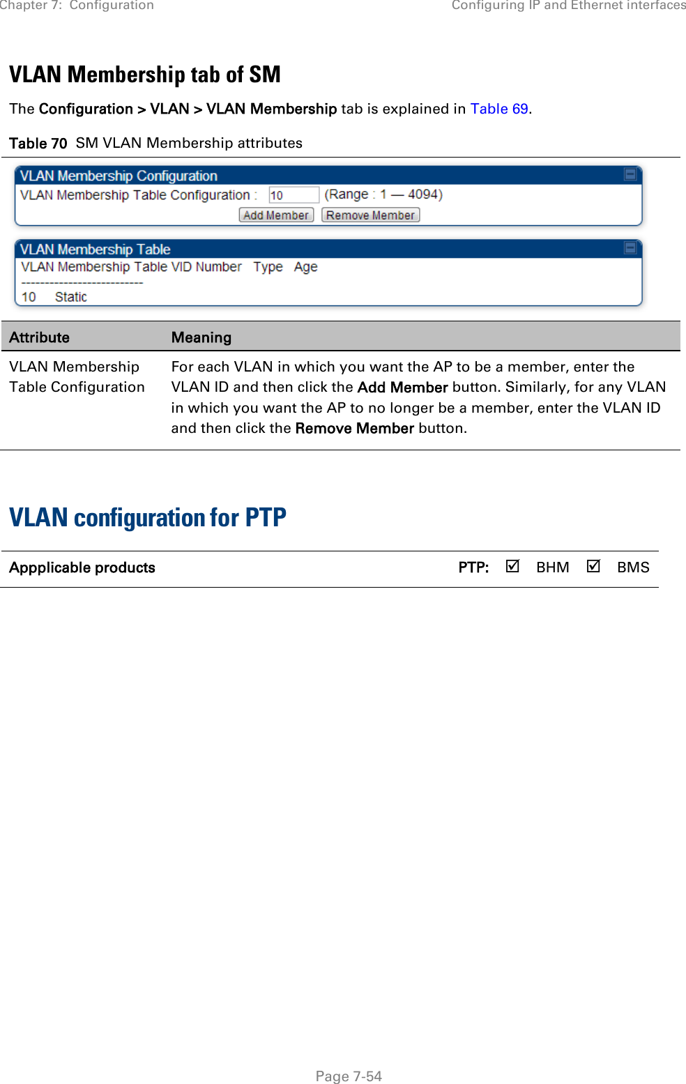 Chapter 7:  Configuration Configuring IP and Ethernet interfaces   Page 7-54 VLAN Membership tab of SM The Configuration &gt; VLAN &gt; VLAN Membership tab is explained in Table 69. Table 70  SM VLAN Membership attributes  Attribute Meaning VLAN Membership Table Configuration For each VLAN in which you want the AP to be a member, enter the VLAN ID and then click the Add Member button. Similarly, for any VLAN in which you want the AP to no longer be a member, enter the VLAN ID and then click the Remove Member button.  VLAN configuration for PTP Appplicable products      PTP:  BHM  BMS  