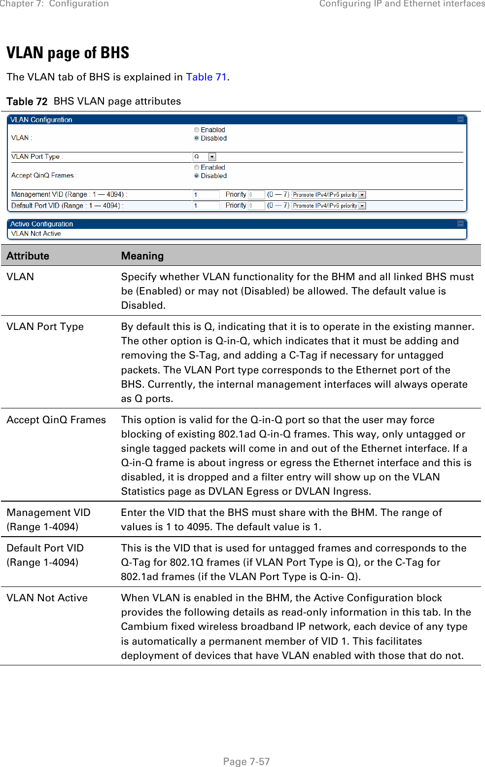 Chapter 7:  Configuration Configuring IP and Ethernet interfaces   Page 7-57 VLAN page of BHS The VLAN tab of BHS is explained in Table 71. Table 72  BHS VLAN page attributes  Attribute Meaning VLAN Specify whether VLAN functionality for the BHM and all linked BHS must be (Enabled) or may not (Disabled) be allowed. The default value is Disabled. VLAN Port Type By default this is Q, indicating that it is to operate in the existing manner. The other option is Q-in-Q, which indicates that it must be adding and removing the S-Tag, and adding a C-Tag if necessary for untagged packets. The VLAN Port type corresponds to the Ethernet port of the BHS. Currently, the internal management interfaces will always operate as Q ports. Accept QinQ Frames This option is valid for the Q-in-Q port so that the user may force blocking of existing 802.1ad Q-in-Q frames. This way, only untagged or single tagged packets will come in and out of the Ethernet interface. If a Q-in-Q frame is about ingress or egress the Ethernet interface and this is disabled, it is dropped and a filter entry will show up on the VLAN Statistics page as DVLAN Egress or DVLAN Ingress. Management VID (Range 1-4094) Enter the VID that the BHS must share with the BHM. The range of values is 1 to 4095. The default value is 1. Default Port VID (Range 1-4094) This is the VID that is used for untagged frames and corresponds to the Q-Tag for 802.1Q frames (if VLAN Port Type is Q), or the C-Tag for 802.1ad frames (if the VLAN Port Type is Q-in- Q). VLAN Not Active When VLAN is enabled in the BHM, the Active Configuration block provides the following details as read-only information in this tab. In the Cambium fixed wireless broadband IP network, each device of any type is automatically a permanent member of VID 1. This facilitates deployment of devices that have VLAN enabled with those that do not.     