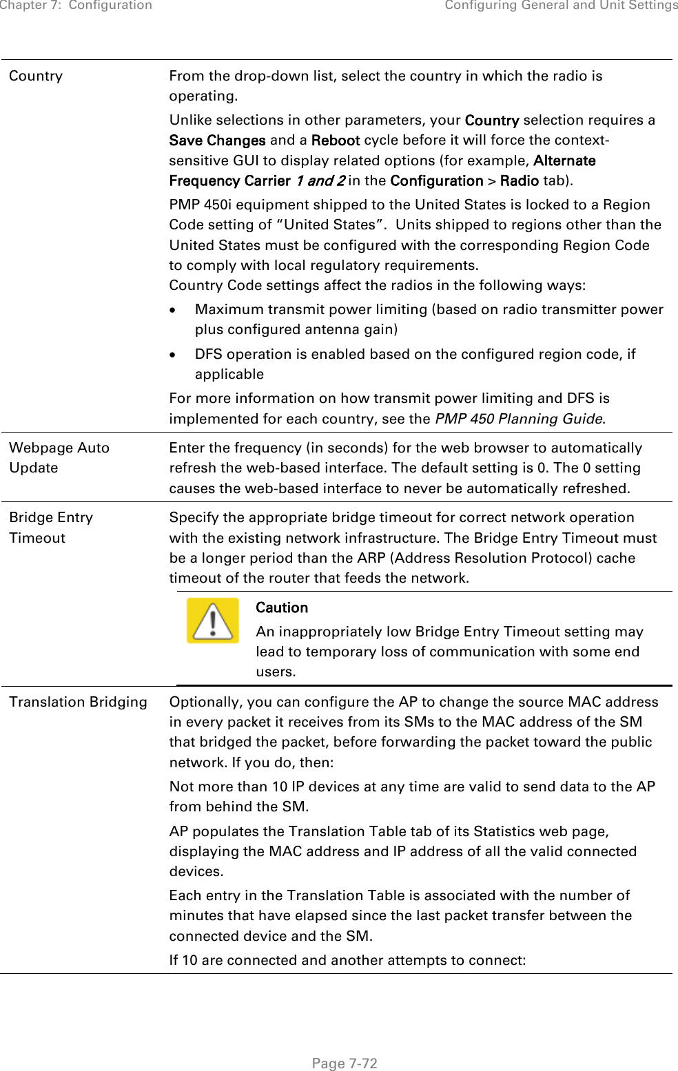 Chapter 7:  Configuration Configuring General and Unit Settings   Page 7-72 Country From the drop-down list, select the country in which the radio is operating.  Unlike selections in other parameters, your Country selection requires a Save Changes and a Reboot cycle before it will force the context-sensitive GUI to display related options (for example, Alternate Frequency Carrier 1 and 2 in the Configuration &gt; Radio tab).  PMP 450i equipment shipped to the United States is locked to a Region Code setting of “United States”.  Units shipped to regions other than the United States must be configured with the corresponding Region Code to comply with local regulatory requirements. Country Code settings affect the radios in the following ways: • Maximum transmit power limiting (based on radio transmitter power plus configured antenna gain) • DFS operation is enabled based on the configured region code, if applicable For more information on how transmit power limiting and DFS is implemented for each country, see the PMP 450 Planning Guide. Webpage Auto Update Enter the frequency (in seconds) for the web browser to automatically refresh the web-based interface. The default setting is 0. The 0 setting causes the web-based interface to never be automatically refreshed. Bridge Entry Timeout Specify the appropriate bridge timeout for correct network operation with the existing network infrastructure. The Bridge Entry Timeout must be a longer period than the ARP (Address Resolution Protocol) cache timeout of the router that feeds the network.  Caution An inappropriately low Bridge Entry Timeout setting may lead to temporary loss of communication with some end users.  Translation Bridging Optionally, you can configure the AP to change the source MAC address in every packet it receives from its SMs to the MAC address of the SM that bridged the packet, before forwarding the packet toward the public network. If you do, then: Not more than 10 IP devices at any time are valid to send data to the AP from behind the SM. AP populates the Translation Table tab of its Statistics web page, displaying the MAC address and IP address of all the valid connected devices. Each entry in the Translation Table is associated with the number of minutes that have elapsed since the last packet transfer between the connected device and the SM. If 10 are connected and another attempts to connect:  