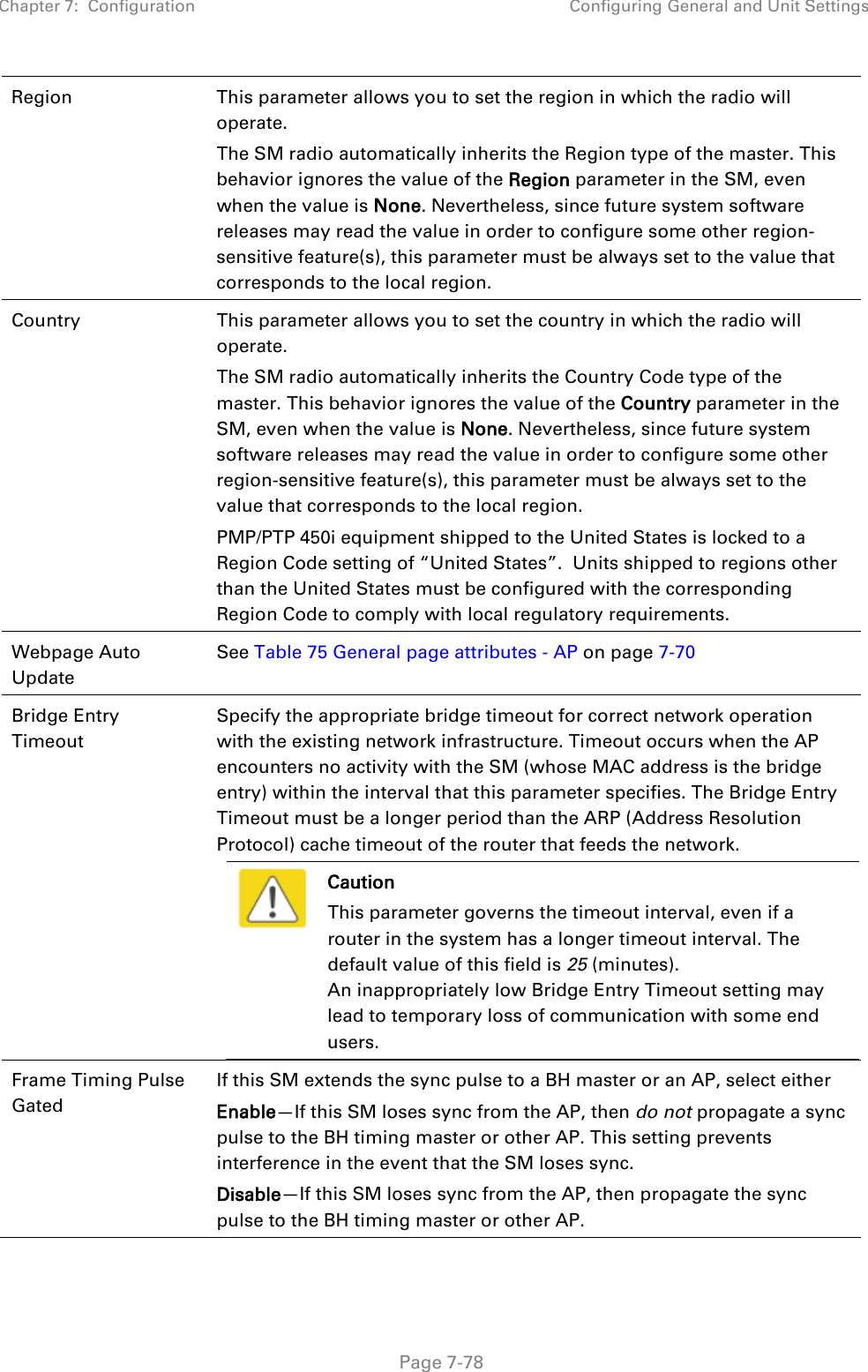 Chapter 7:  Configuration Configuring General and Unit Settings   Page 7-78 Region This parameter allows you to set the region in which the radio will operate.  The SM radio automatically inherits the Region type of the master. This behavior ignores the value of the Region parameter in the SM, even when the value is None. Nevertheless, since future system software releases may read the value in order to configure some other region-sensitive feature(s), this parameter must be always set to the value that corresponds to the local region. Country  This parameter allows you to set the country in which the radio will operate.  The SM radio automatically inherits the Country Code type of the master. This behavior ignores the value of the Country parameter in the SM, even when the value is None. Nevertheless, since future system software releases may read the value in order to configure some other region-sensitive feature(s), this parameter must be always set to the value that corresponds to the local region. PMP/PTP 450i equipment shipped to the United States is locked to a Region Code setting of “United States”.  Units shipped to regions other than the United States must be configured with the corresponding Region Code to comply with local regulatory requirements. Webpage Auto Update See Table 75 General page attributes - AP on page 7-70 Bridge Entry Timeout Specify the appropriate bridge timeout for correct network operation with the existing network infrastructure. Timeout occurs when the AP encounters no activity with the SM (whose MAC address is the bridge entry) within the interval that this parameter specifies. The Bridge Entry Timeout must be a longer period than the ARP (Address Resolution Protocol) cache timeout of the router that feeds the network.  Caution This parameter governs the timeout interval, even if a router in the system has a longer timeout interval. The default value of this field is 25 (minutes). An inappropriately low Bridge Entry Timeout setting may lead to temporary loss of communication with some end users.  Frame Timing Pulse Gated  If this SM extends the sync pulse to a BH master or an AP, select either Enable—If this SM loses sync from the AP, then do not propagate a sync pulse to the BH timing master or other AP. This setting prevents interference in the event that the SM loses sync. Disable—If this SM loses sync from the AP, then propagate the sync pulse to the BH timing master or other AP. 