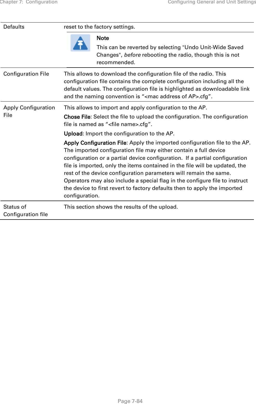 Chapter 7:  Configuration Configuring General and Unit Settings   Page 7-84 Defaults reset to the factory settings.  Note This can be reverted by selecting &quot;Undo Unit-Wide Saved Changes&quot;, before rebooting the radio, though this is not recommended.  Configuration File This allows to download the configuration file of the radio. This configuration file contains the complete configuration including all the default values. The configuration file is highlighted as downloadable link and the naming convention is “&lt;mac address of AP&gt;.cfg”. Apply Configuration File This allows to import and apply configuration to the AP. Chose File: Select the file to upload the configuration. The configuration file is named as “&lt;file name&gt;.cfg”. Upload: Import the configuration to the AP. Apply Configuration File: Apply the imported configuration file to the AP.  The imported configuration file may either contain a full device configuration or a partial device configuration.  If a partial configuration file is imported, only the items contained in the file will be updated, the rest of the device configuration parameters will remain the same.  Operators may also include a special flag in the configure file to instruct the device to first revert to factory defaults then to apply the imported configuration. Status of Configuration file This section shows the results of the upload.          