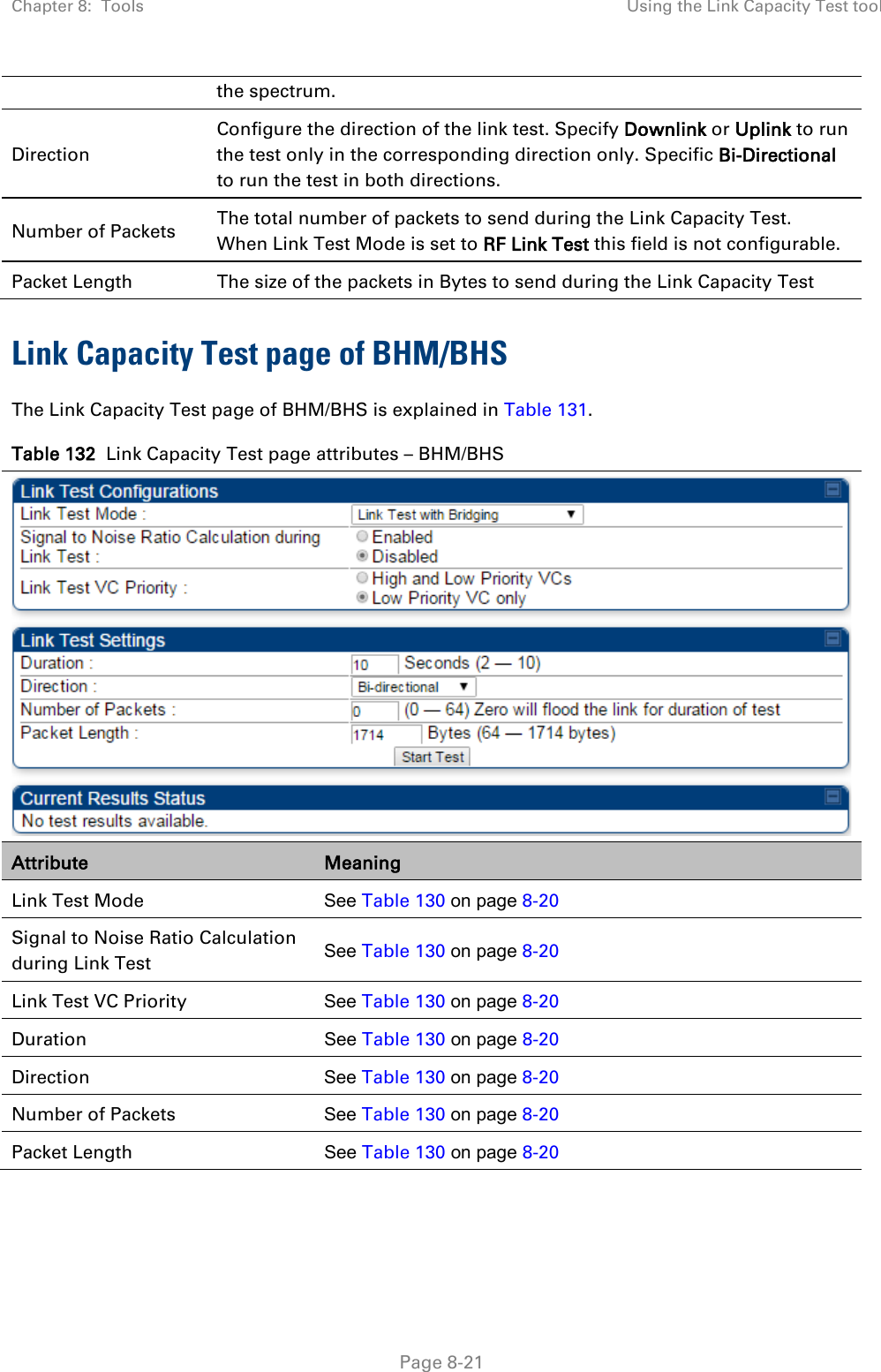 Chapter 8:  Tools Using the Link Capacity Test tool   Page 8-21 the spectrum. Direction Configure the direction of the link test. Specify Downlink or Uplink to run the test only in the corresponding direction only. Specific Bi-Directional to run the test in both directions. Number of Packets The total number of packets to send during the Link Capacity Test.  When Link Test Mode is set to RF Link Test this field is not configurable. Packet Length The size of the packets in Bytes to send during the Link Capacity Test Link Capacity Test page of BHM/BHS The Link Capacity Test page of BHM/BHS is explained in Table 131. Table 132  Link Capacity Test page attributes – BHM/BHS  Attribute Meaning Link Test Mode See Table 130 on page 8-20 Signal to Noise Ratio Calculation during Link Test See Table 130 on page 8-20 Link Test VC Priority See Table 130 on page 8-20 Duration See Table 130 on page 8-20 Direction See Table 130 on page 8-20 Number of Packets See Table 130 on page 8-20 Packet Length See Table 130 on page 8-20 