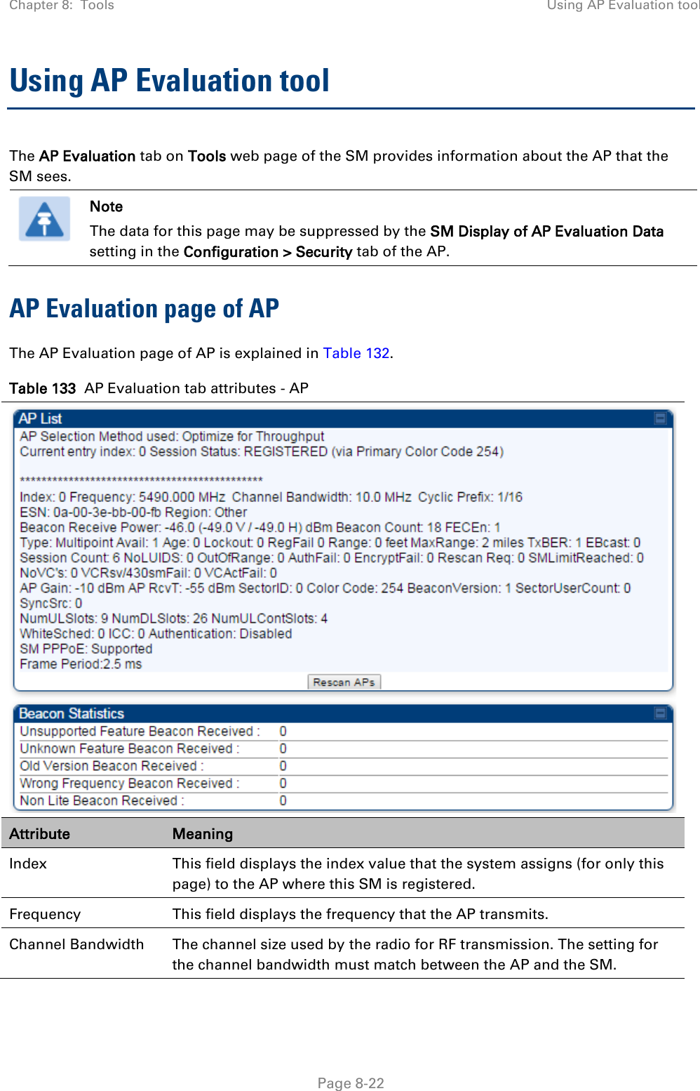 Chapter 8:  Tools Using AP Evaluation tool   Page 8-22 Using AP Evaluation tool The AP Evaluation tab on Tools web page of the SM provides information about the AP that the SM sees.   Note The data for this page may be suppressed by the SM Display of AP Evaluation Data setting in the Configuration &gt; Security tab of the AP. AP Evaluation page of AP The AP Evaluation page of AP is explained in Table 132. Table 133  AP Evaluation tab attributes - AP  Attribute Meaning Index This field displays the index value that the system assigns (for only this page) to the AP where this SM is registered. Frequency This field displays the frequency that the AP transmits. Channel Bandwidth The channel size used by the radio for RF transmission. The setting for the channel bandwidth must match between the AP and the SM.   