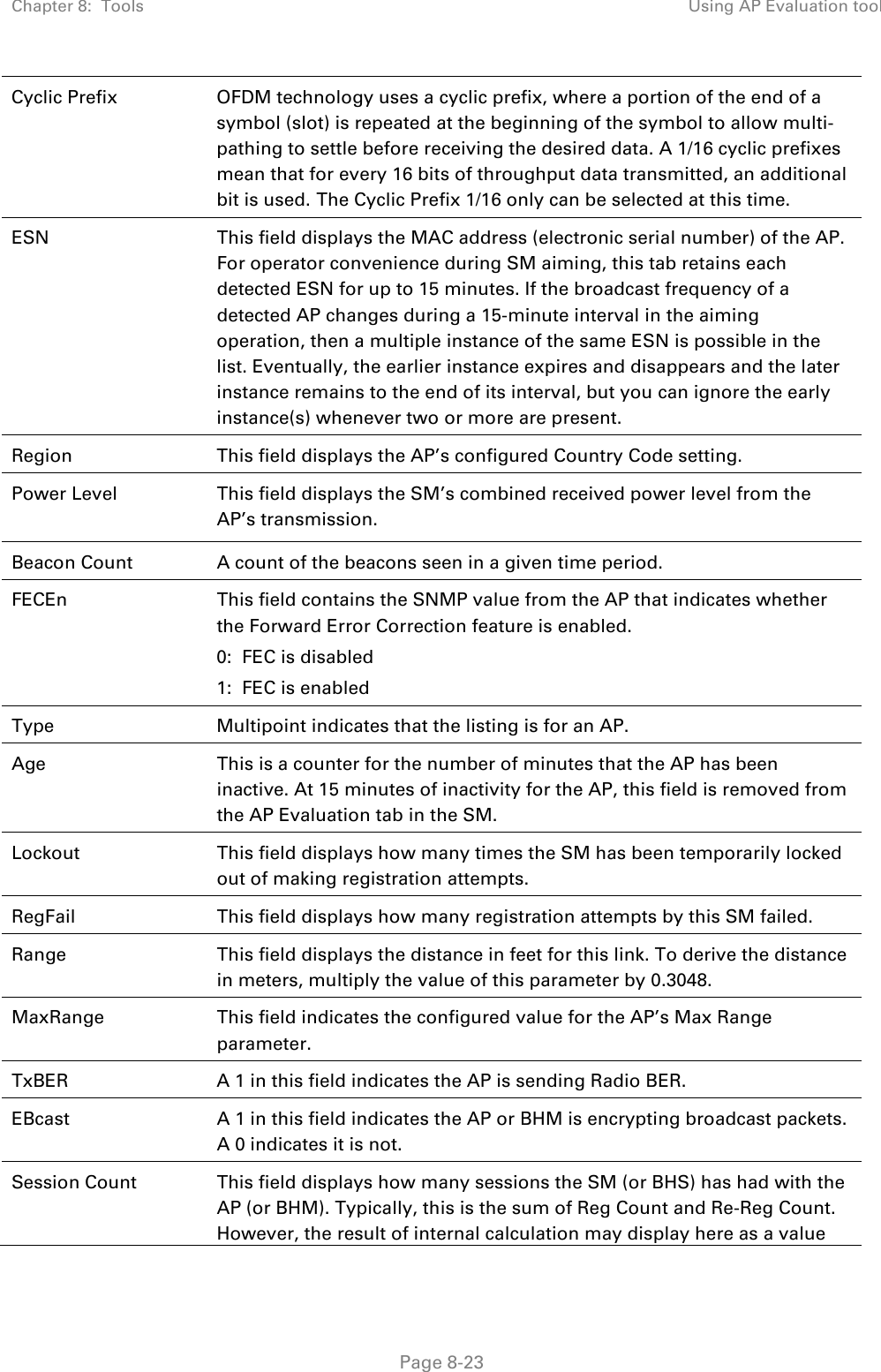 Chapter 8:  Tools Using AP Evaluation tool   Page 8-23 Cyclic Prefix OFDM technology uses a cyclic prefix, where a portion of the end of a symbol (slot) is repeated at the beginning of the symbol to allow multi-pathing to settle before receiving the desired data. A 1/16 cyclic prefixes mean that for every 16 bits of throughput data transmitted, an additional bit is used. The Cyclic Prefix 1/16 only can be selected at this time. ESN This field displays the MAC address (electronic serial number) of the AP. For operator convenience during SM aiming, this tab retains each detected ESN for up to 15 minutes. If the broadcast frequency of a detected AP changes during a 15-minute interval in the aiming operation, then a multiple instance of the same ESN is possible in the list. Eventually, the earlier instance expires and disappears and the later instance remains to the end of its interval, but you can ignore the early instance(s) whenever two or more are present. Region This field displays the AP’s configured Country Code setting. Power Level  This field displays the SM’s combined received power level from the AP’s transmission. Beacon Count A count of the beacons seen in a given time period. FECEn This field contains the SNMP value from the AP that indicates whether the Forward Error Correction feature is enabled. 0:  FEC is disabled 1:  FEC is enabled Type Multipoint indicates that the listing is for an AP. Age This is a counter for the number of minutes that the AP has been inactive. At 15 minutes of inactivity for the AP, this field is removed from the AP Evaluation tab in the SM. Lockout This field displays how many times the SM has been temporarily locked out of making registration attempts. RegFail This field displays how many registration attempts by this SM failed. Range This field displays the distance in feet for this link. To derive the distance in meters, multiply the value of this parameter by 0.3048. MaxRange This field indicates the configured value for the AP’s Max Range parameter. TxBER A 1 in this field indicates the AP is sending Radio BER. EBcast A 1 in this field indicates the AP or BHM is encrypting broadcast packets. A 0 indicates it is not. Session Count  This field displays how many sessions the SM (or BHS) has had with the AP (or BHM). Typically, this is the sum of Reg Count and Re-Reg Count. However, the result of internal calculation may display here as a value 