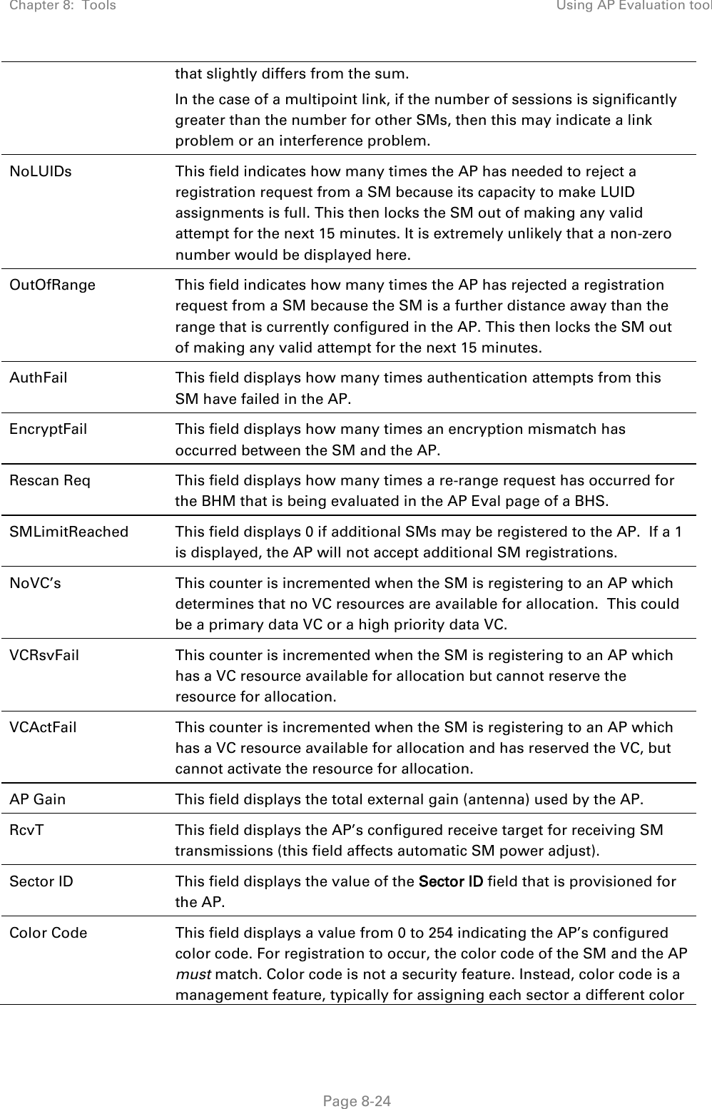 Chapter 8:  Tools Using AP Evaluation tool   Page 8-24 that slightly differs from the sum.  In the case of a multipoint link, if the number of sessions is significantly greater than the number for other SMs, then this may indicate a link problem or an interference problem. NoLUIDs This field indicates how many times the AP has needed to reject a registration request from a SM because its capacity to make LUID assignments is full. This then locks the SM out of making any valid attempt for the next 15 minutes. It is extremely unlikely that a non-zero number would be displayed here. OutOfRange This field indicates how many times the AP has rejected a registration request from a SM because the SM is a further distance away than the range that is currently configured in the AP. This then locks the SM out of making any valid attempt for the next 15 minutes. AuthFail This field displays how many times authentication attempts from this SM have failed in the AP. EncryptFail This field displays how many times an encryption mismatch has occurred between the SM and the AP. Rescan Req This field displays how many times a re-range request has occurred for the BHM that is being evaluated in the AP Eval page of a BHS. SMLimitReached This field displays 0 if additional SMs may be registered to the AP.  If a 1 is displayed, the AP will not accept additional SM registrations. NoVC’s This counter is incremented when the SM is registering to an AP which determines that no VC resources are available for allocation.  This could be a primary data VC or a high priority data VC. VCRsvFail This counter is incremented when the SM is registering to an AP which has a VC resource available for allocation but cannot reserve the resource for allocation. VCActFail This counter is incremented when the SM is registering to an AP which has a VC resource available for allocation and has reserved the VC, but cannot activate the resource for allocation. AP Gain This field displays the total external gain (antenna) used by the AP. RcvT This field displays the AP’s configured receive target for receiving SM transmissions (this field affects automatic SM power adjust). Sector ID This field displays the value of the Sector ID field that is provisioned for the AP. Color Code This field displays a value from 0 to 254 indicating the AP’s configured color code. For registration to occur, the color code of the SM and the AP must match. Color code is not a security feature. Instead, color code is a management feature, typically for assigning each sector a different color 